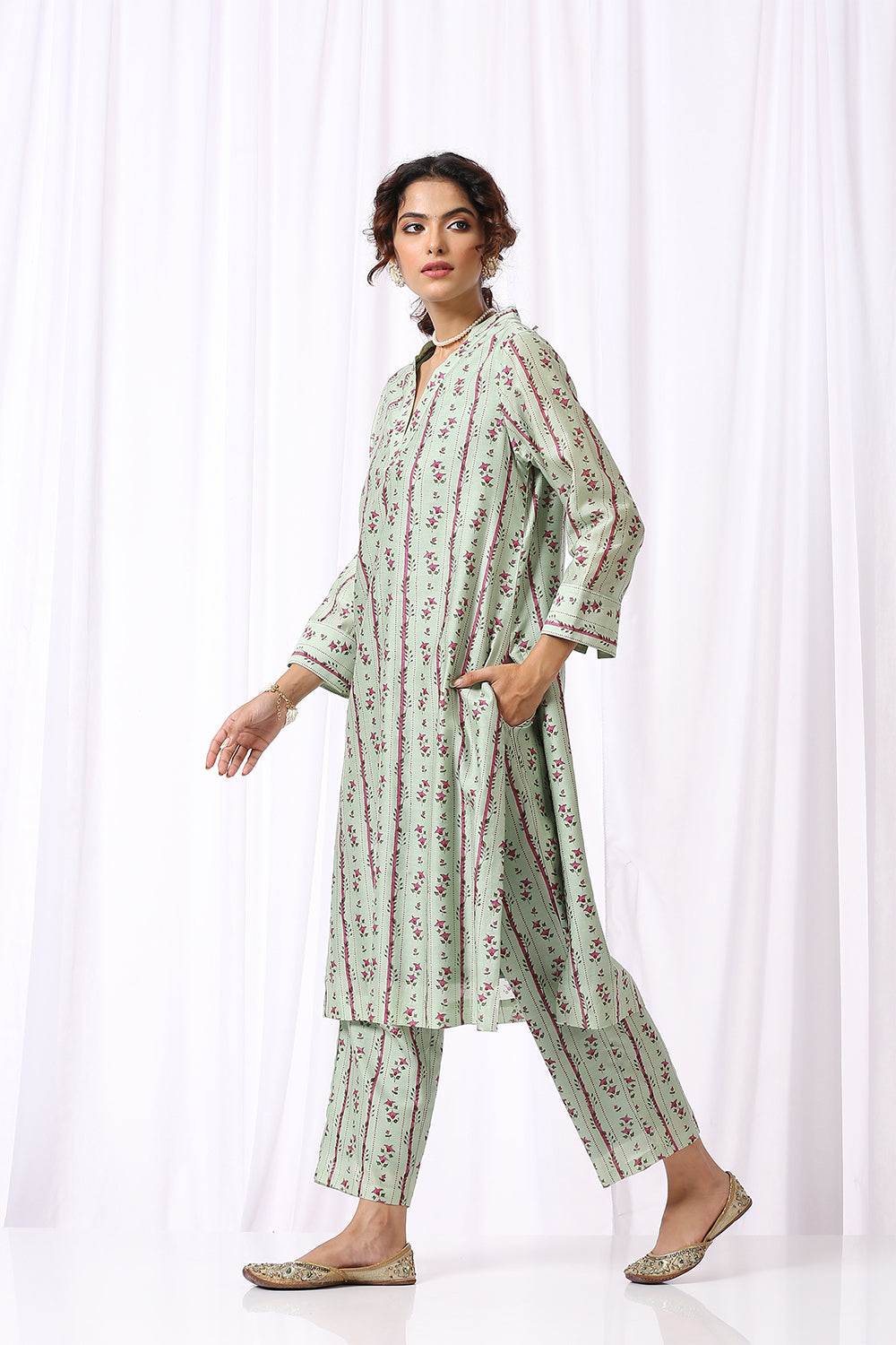 GREEN BASE CHANDERI HAND BLOCK PRINTED KURTA SET OF-2