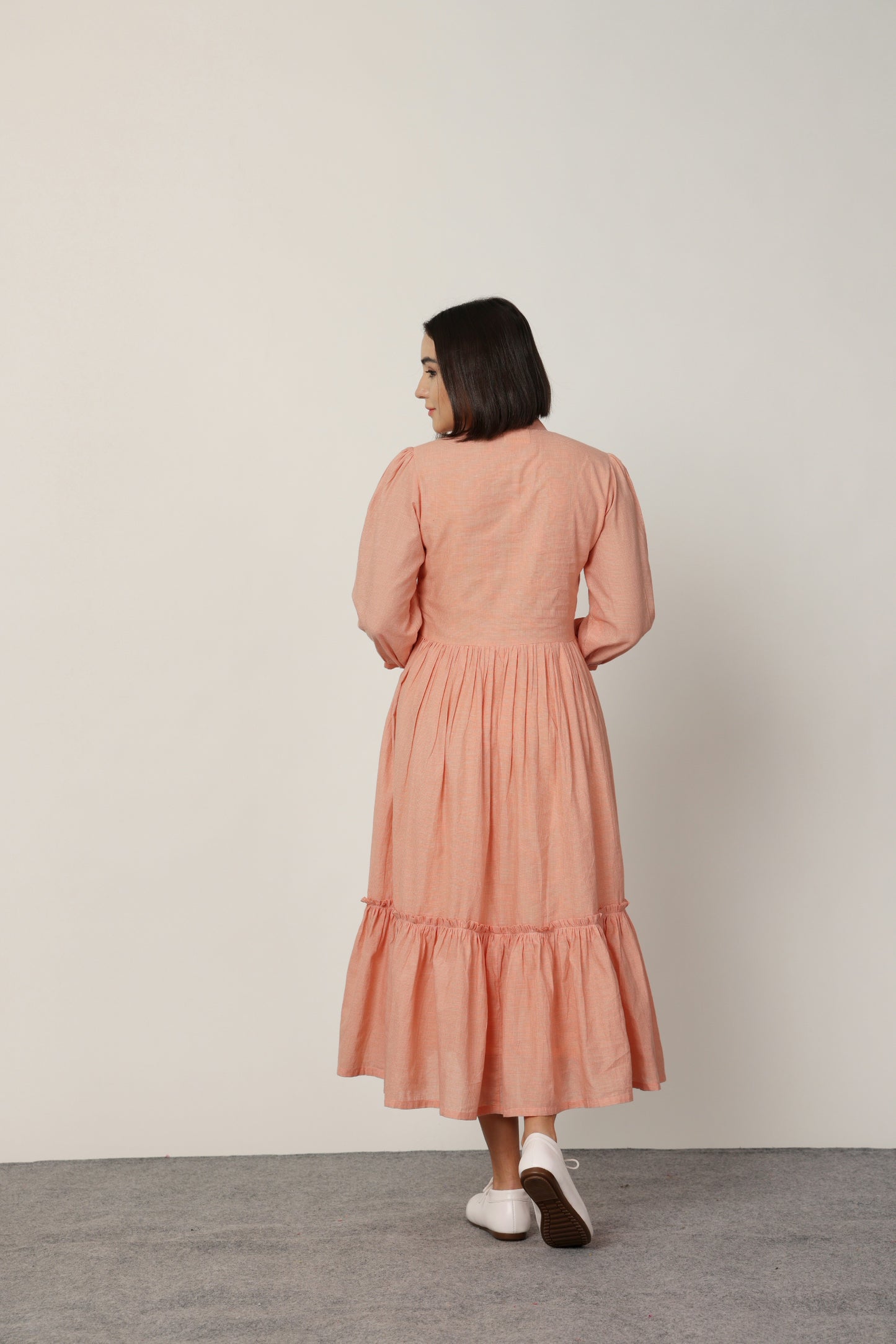 PEACH ROUND YOKE MIDI DRESS WITH INNER