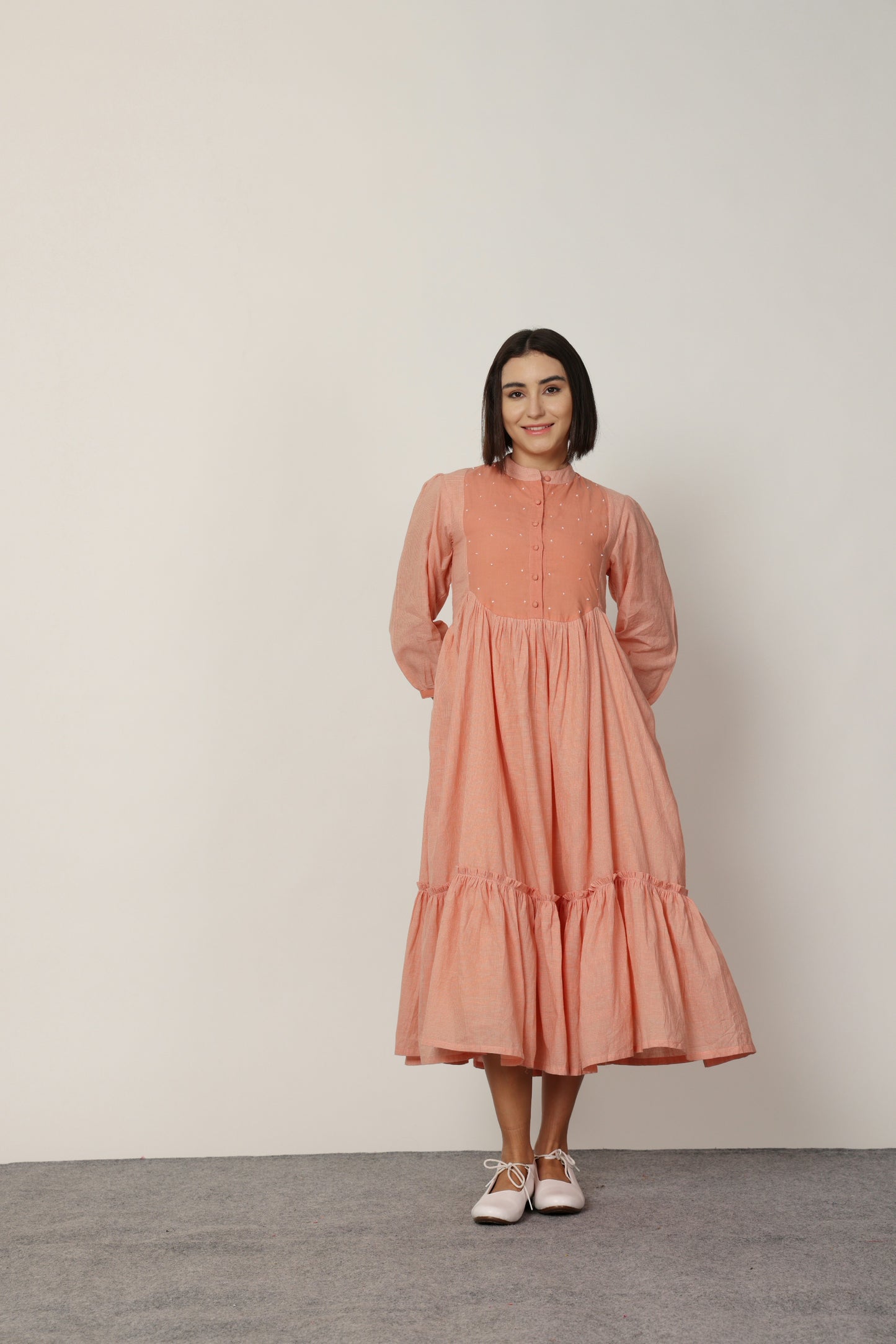 PEACH ROUND YOKE MIDI DRESS WITH INNER