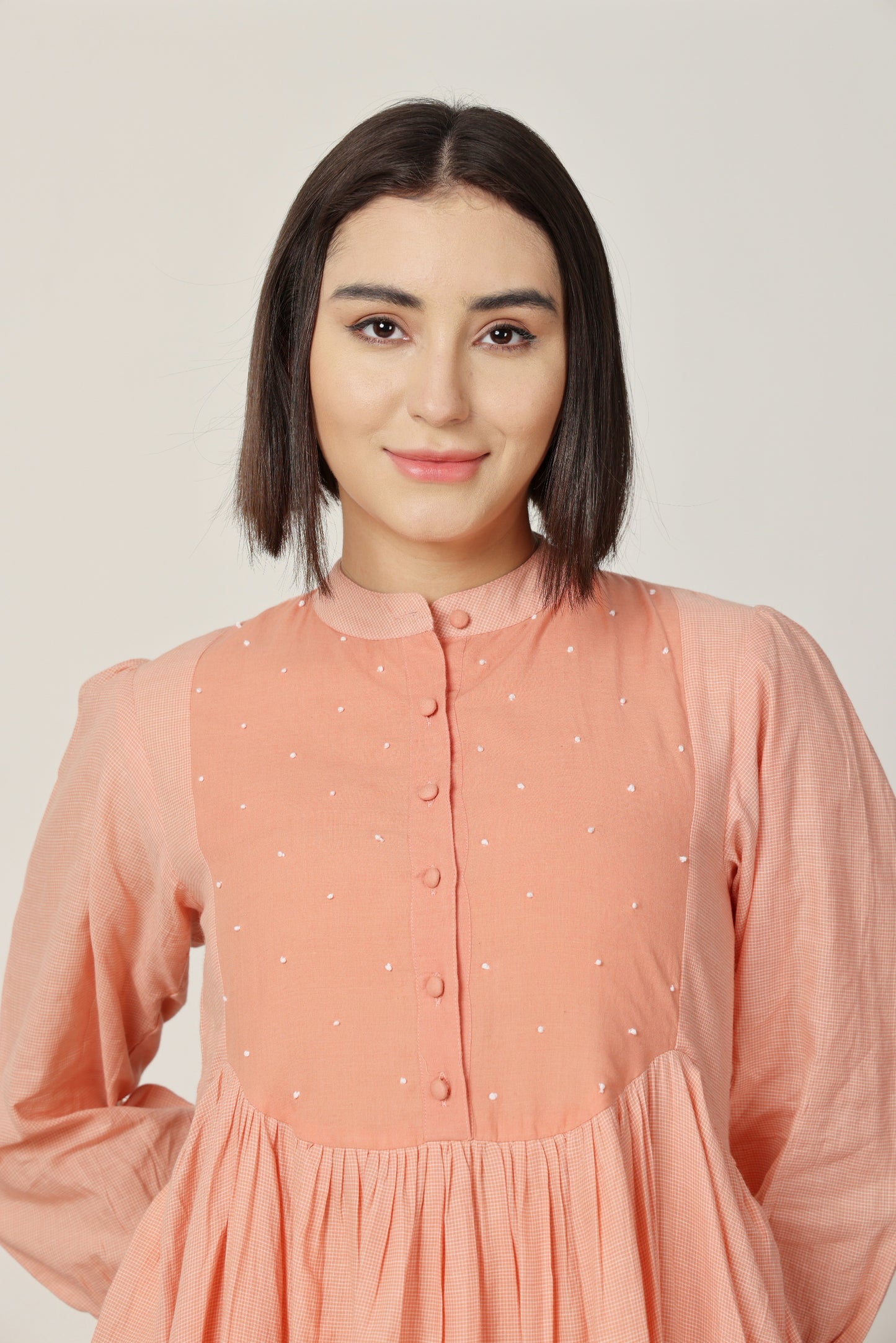 PEACH ROUND YOKE MIDI DRESS WITH INNER
