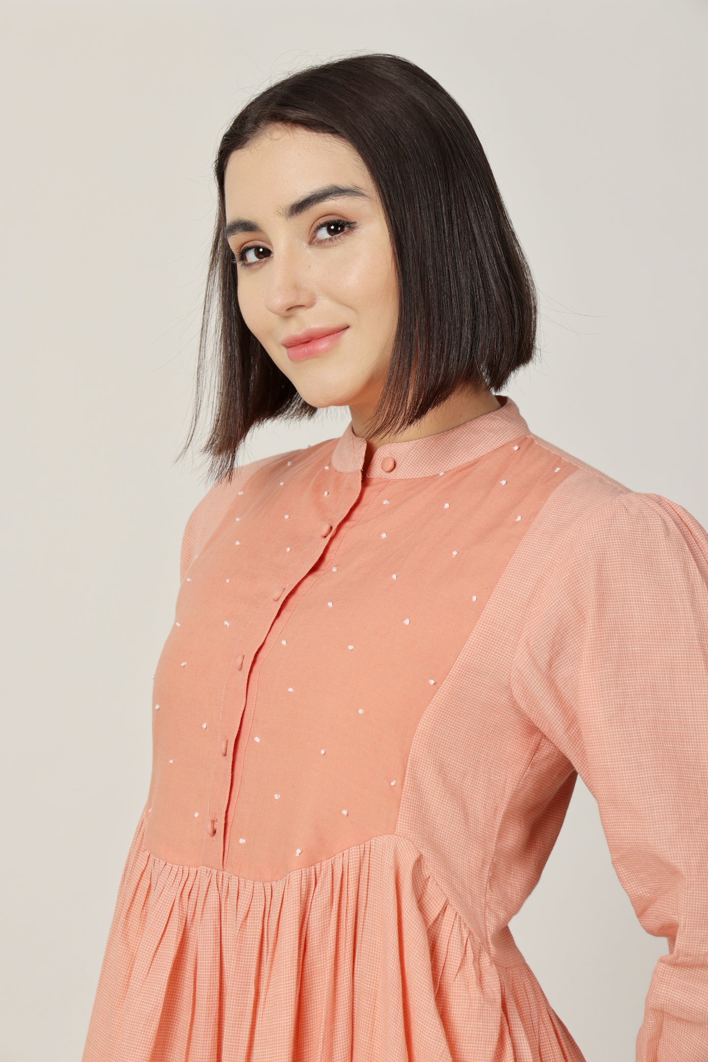 PEACH ROUND YOKE MIDI DRESS WITH INNER