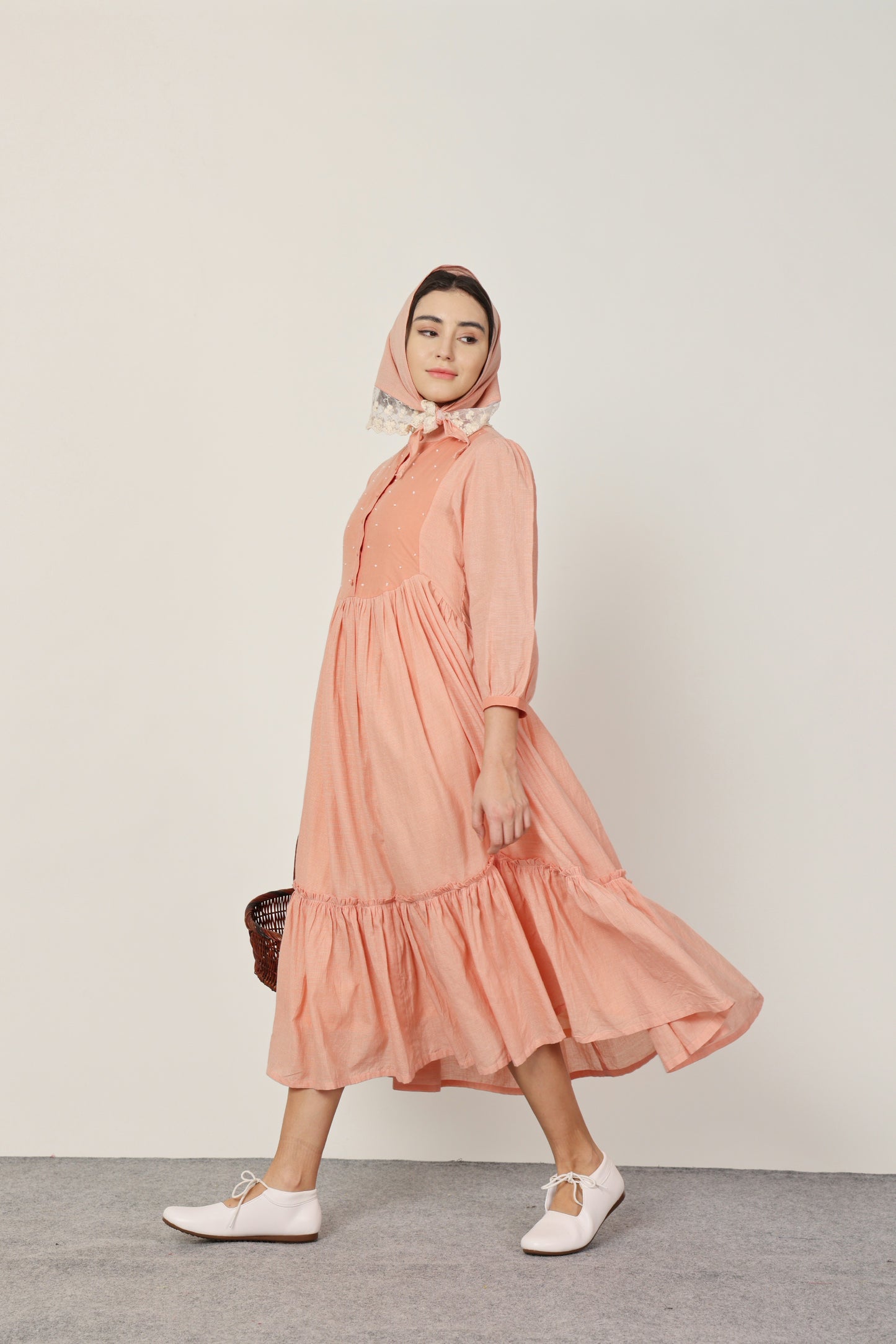 PEACH ROUND YOKE MIDI DRESS WITH INNER