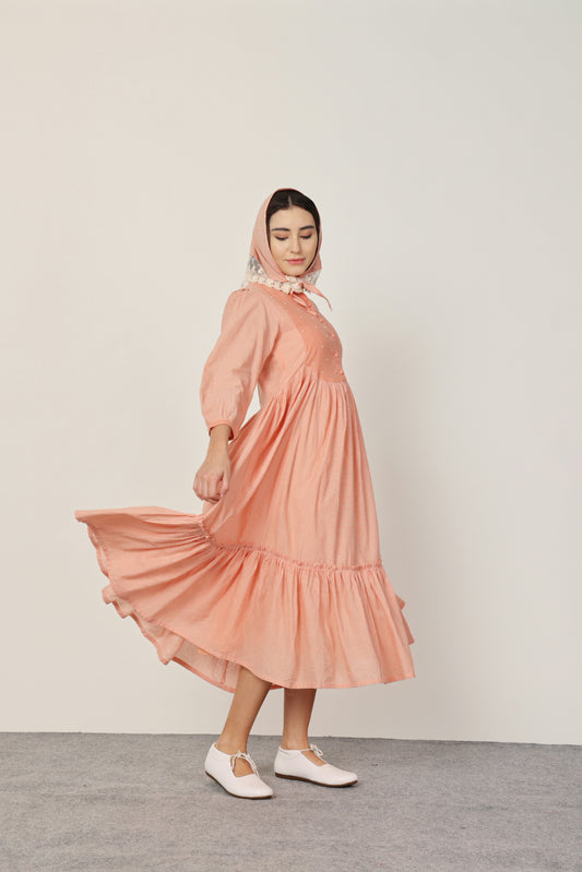 PEACH ROUND YOKE MIDI DRESS WITH INNER