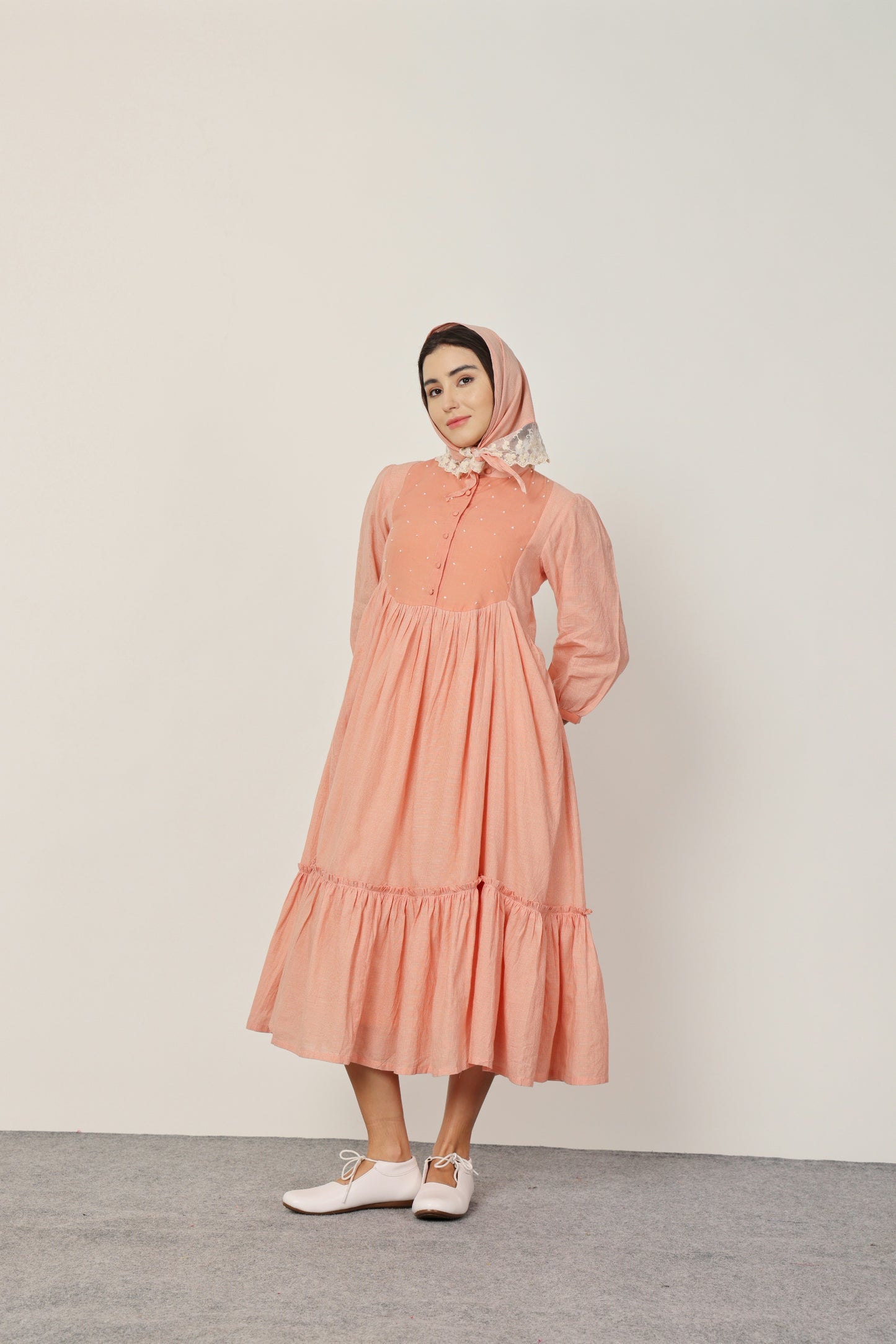 PEACH ROUND YOKE MIDI DRESS WITH INNER