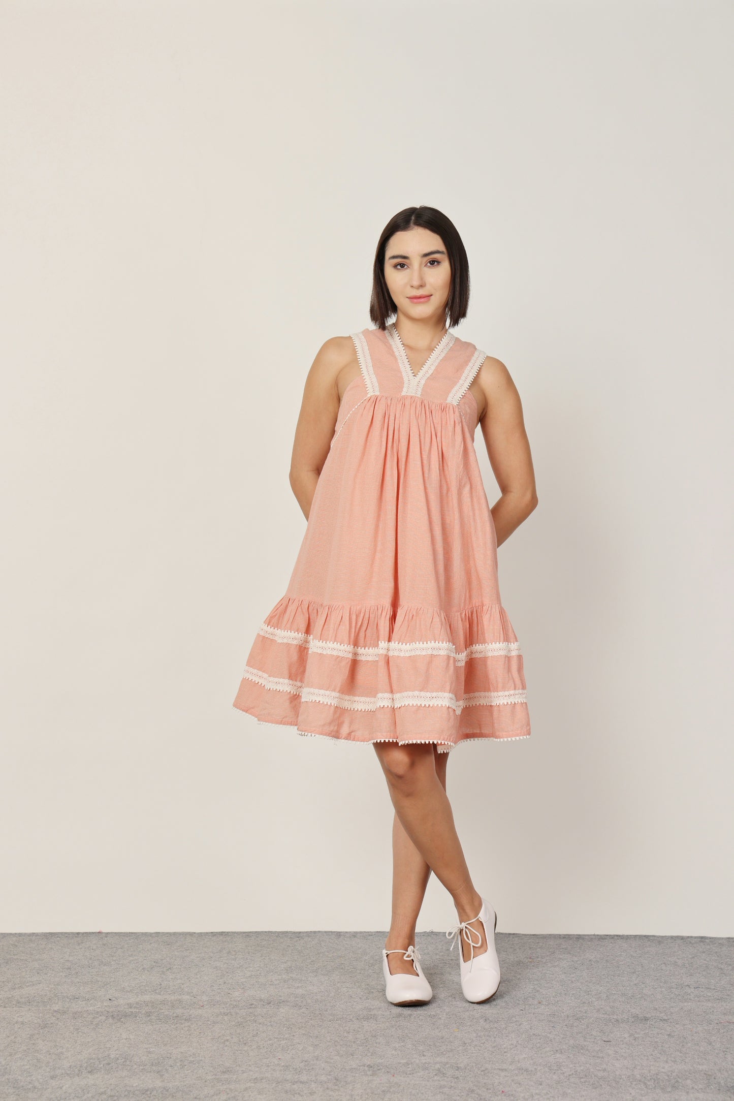 PEACH CHECKED LACE DETAILING SHORT DRESS