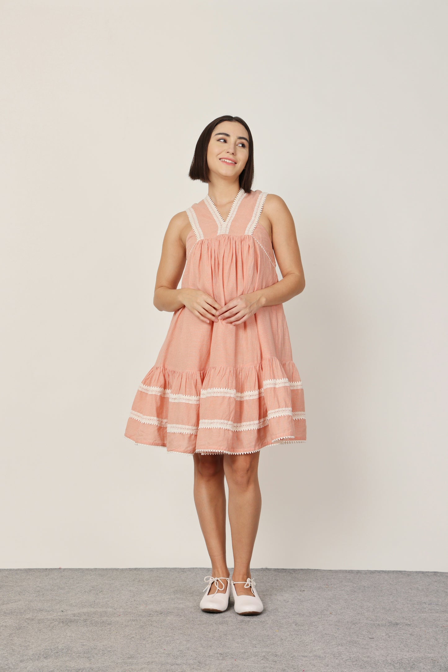 PEACH CHECKED LACE DETAILING SHORT DRESS