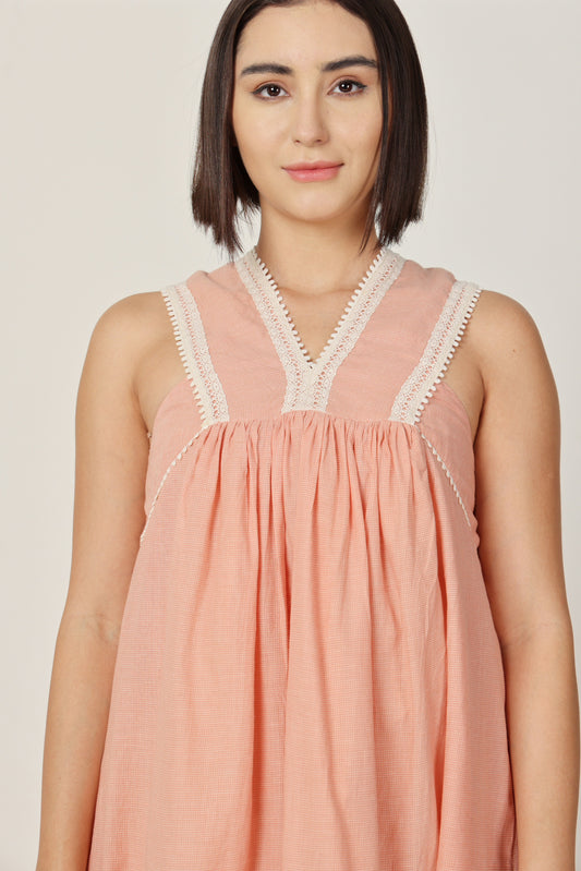 PEACH CHECKED LACE DETAILING SHORT DRESS