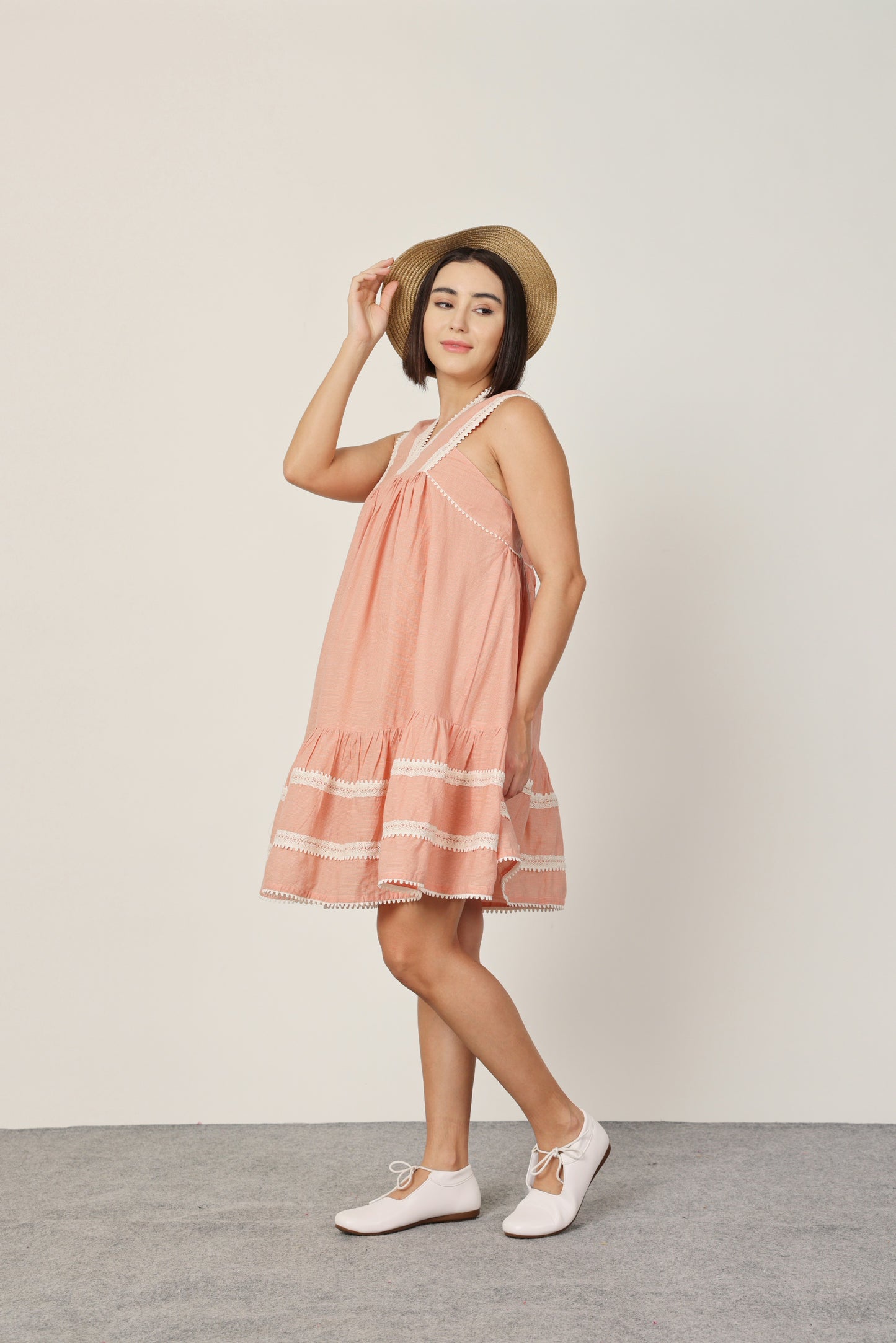 PEACH CHECKED LACE DETAILING SHORT DRESS