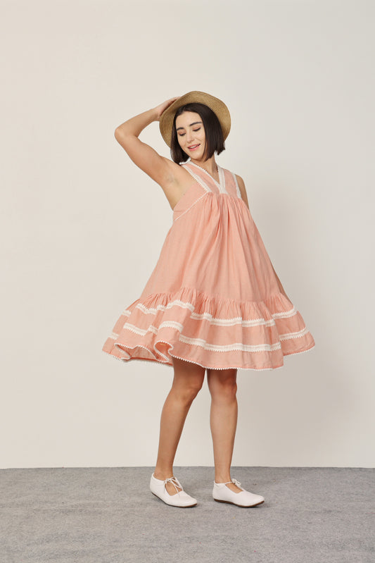 PEACH CHECKED LACE DETAILING SHORT DRESS