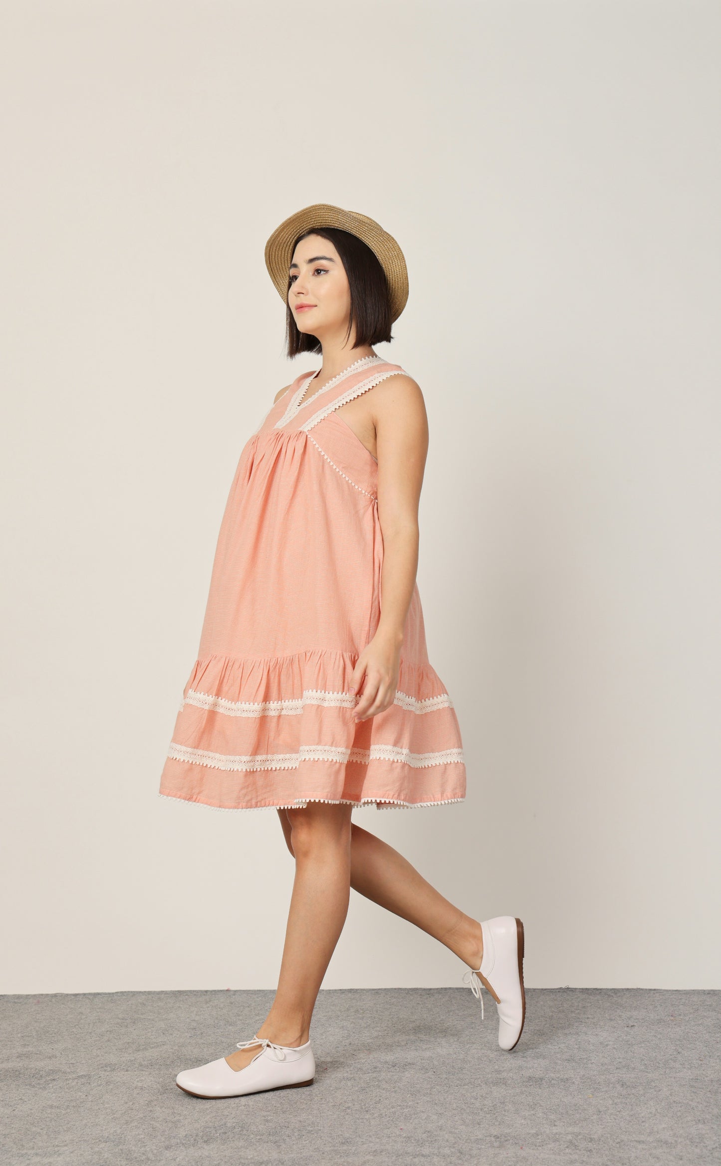 PEACH CHECKED LACE DETAILING SHORT DRESS