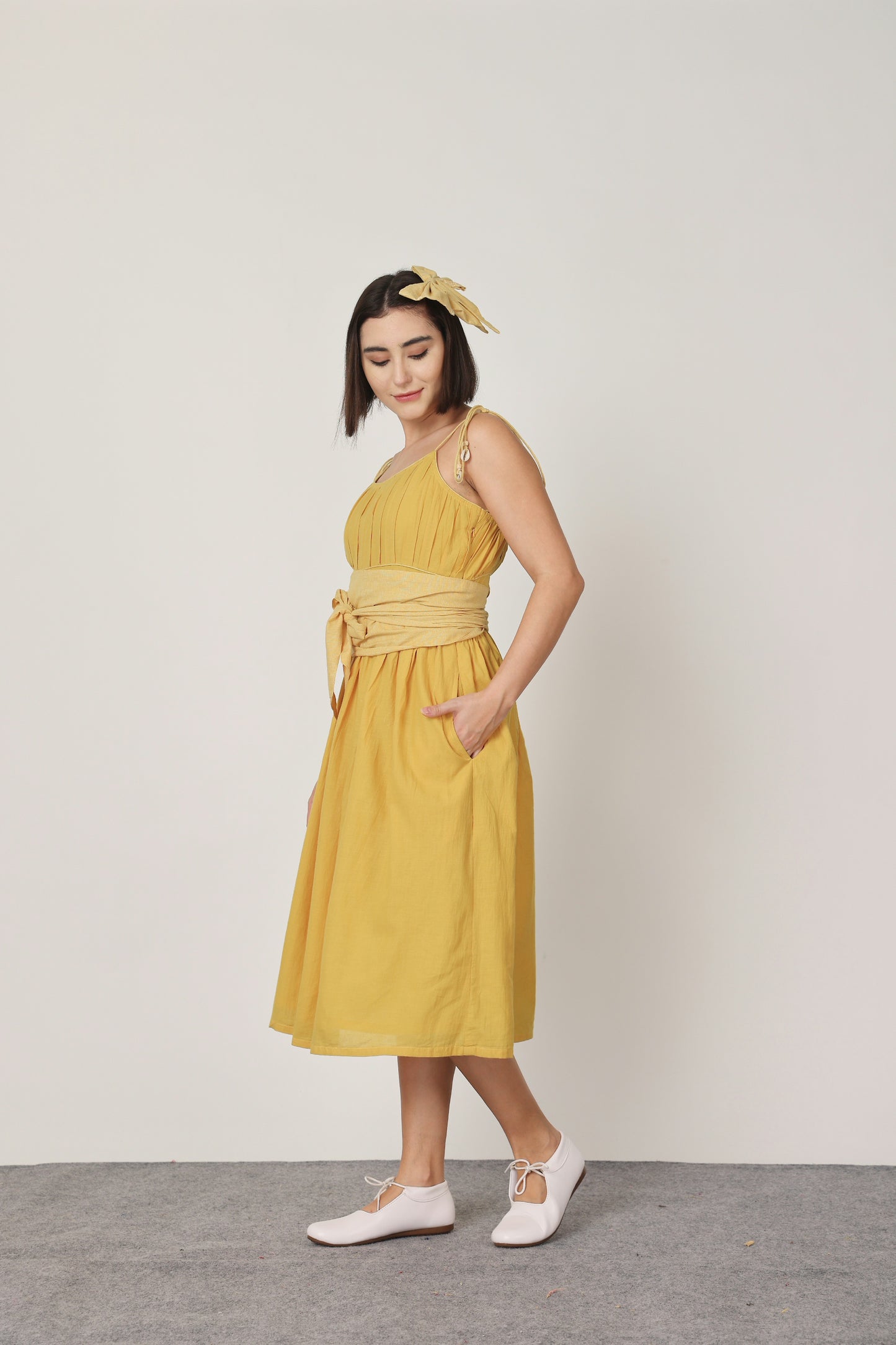 Yellow Solid  Spaghetti Dress