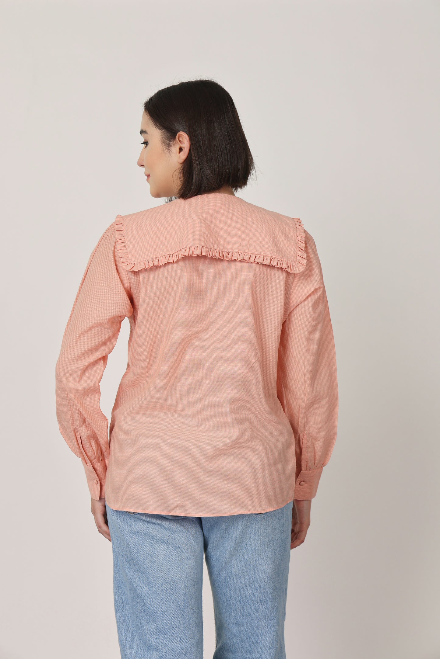 PEACH CHECKED RUFFLE COLLAR DETAILING TOP
