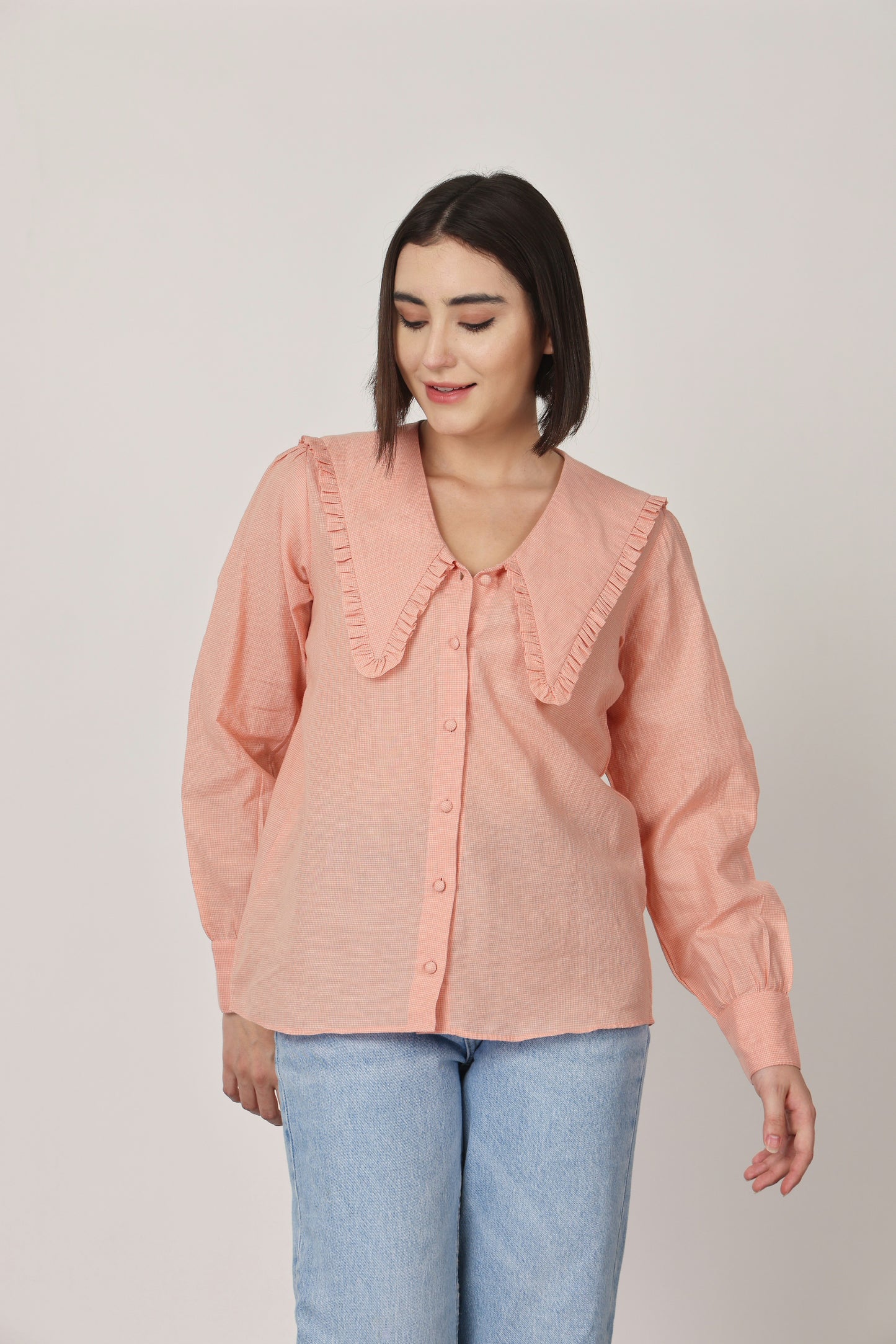 PEACH CHECKED RUFFLE COLLAR DETAILING TOP