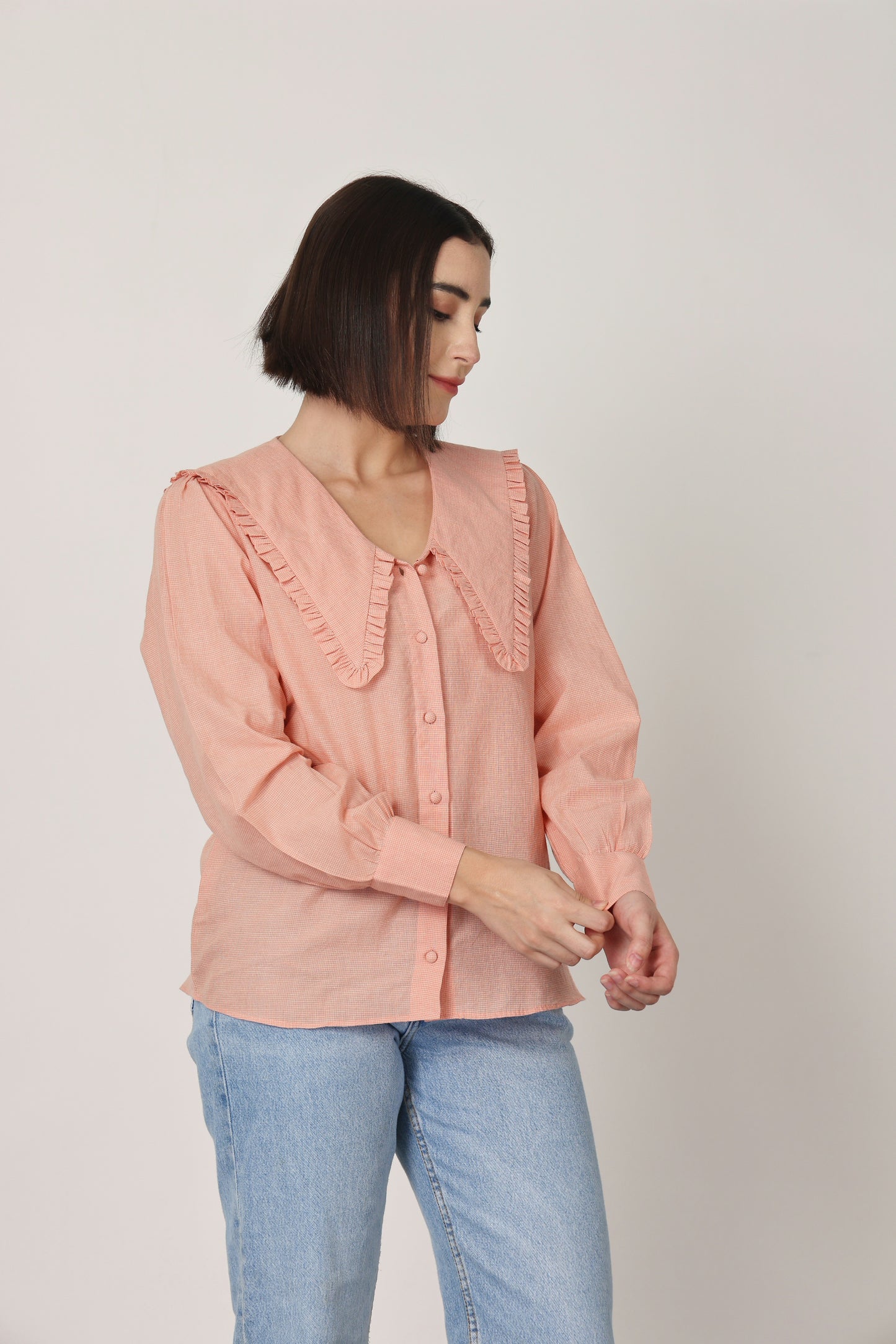 PEACH CHECKED RUFFLE COLLAR DETAILING TOP