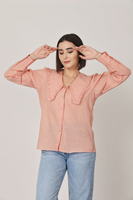 PEACH CHECKED RUFFLE COLLAR DETAILING TOP