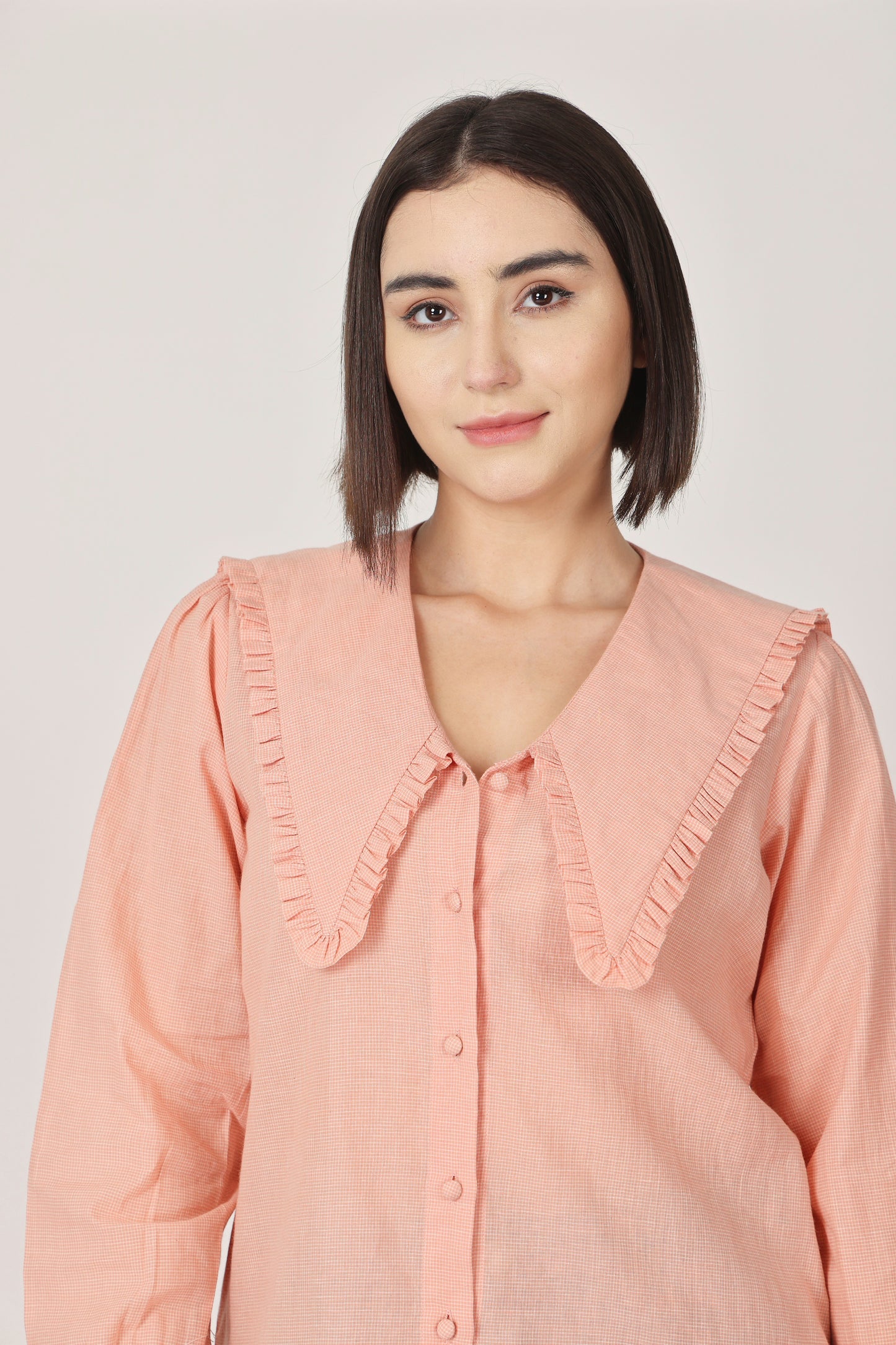 PEACH CHECKED RUFFLE COLLAR DETAILING TOP