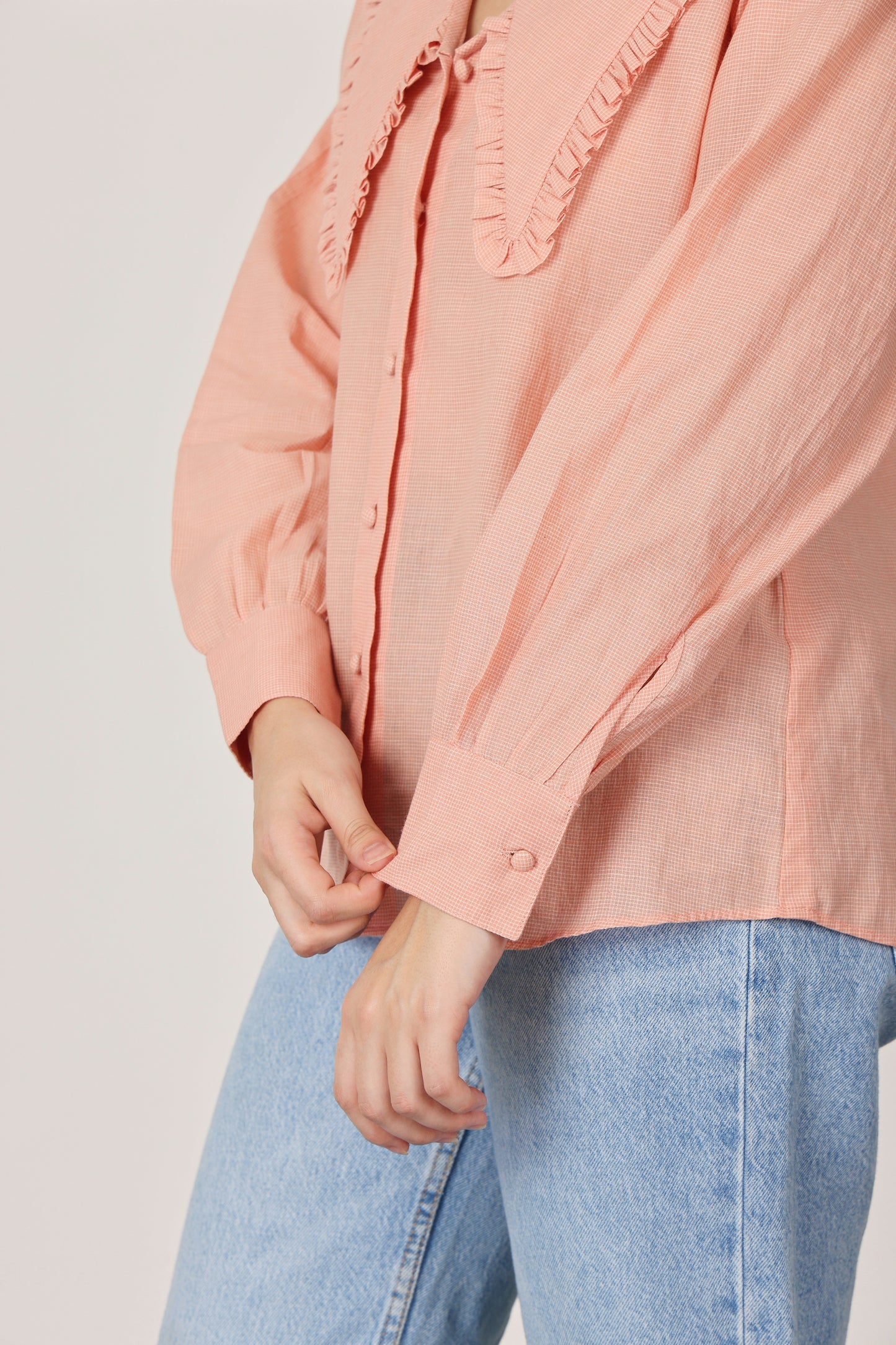 PEACH CHECKED RUFFLE COLLAR DETAILING TOP