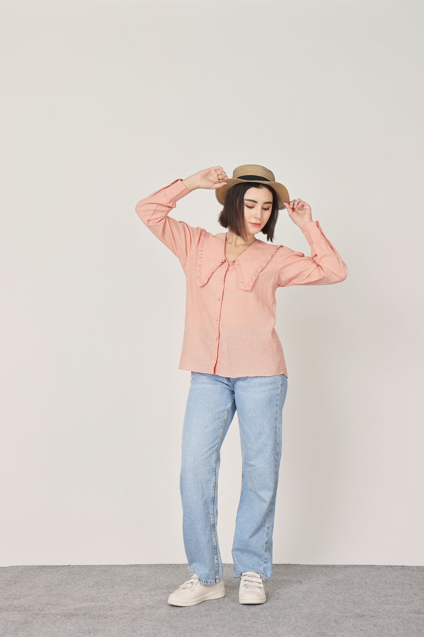 PEACH CHECKED RUFFLE COLLAR DETAILING TOP