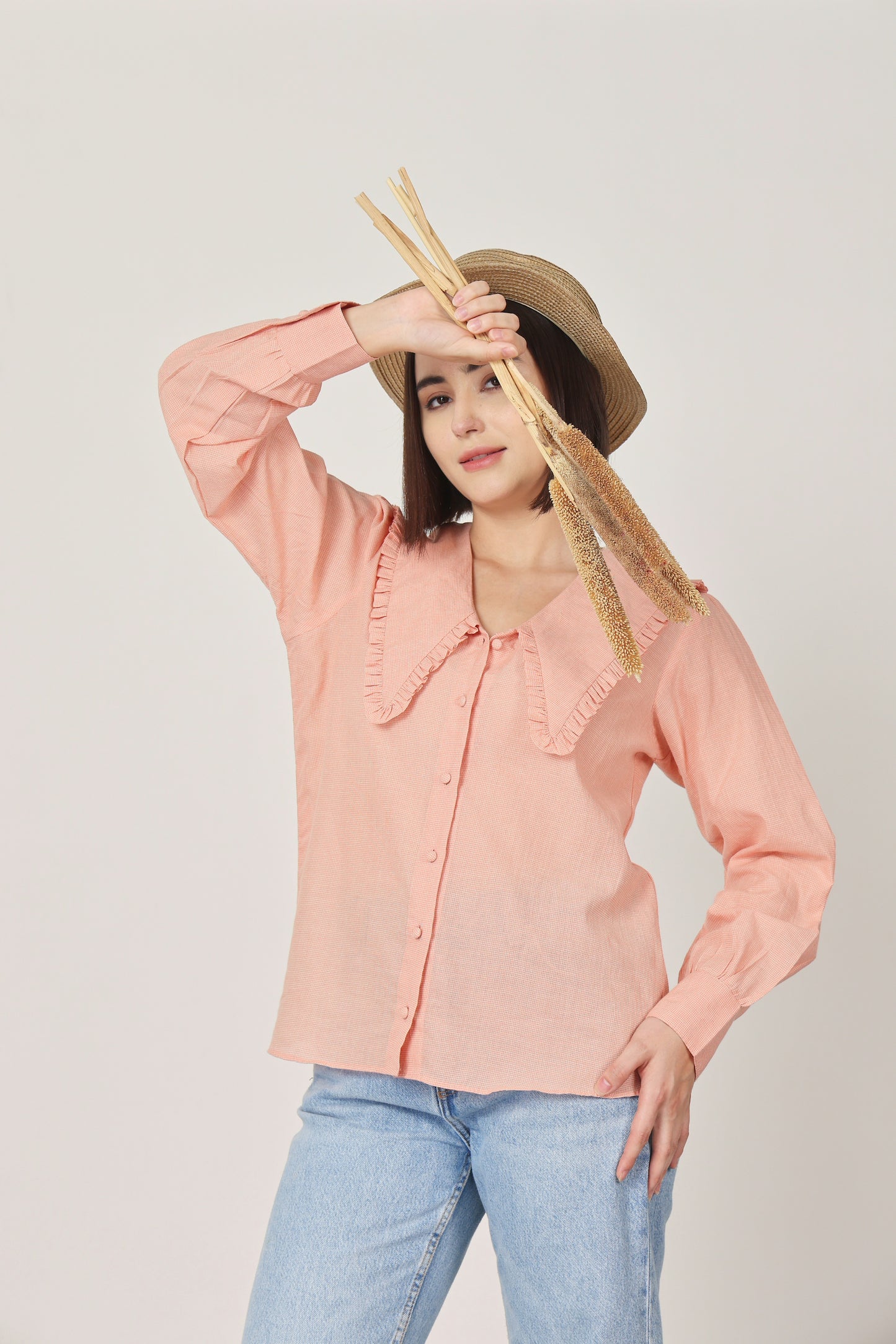 PEACH CHECKED RUFFLE COLLAR DETAILING TOP