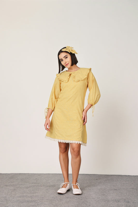 YELLOW RUFFLE COLLAR DETAILED SHORT DRESS