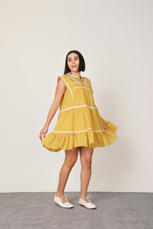 Yellow Solid Tiered Short Dress