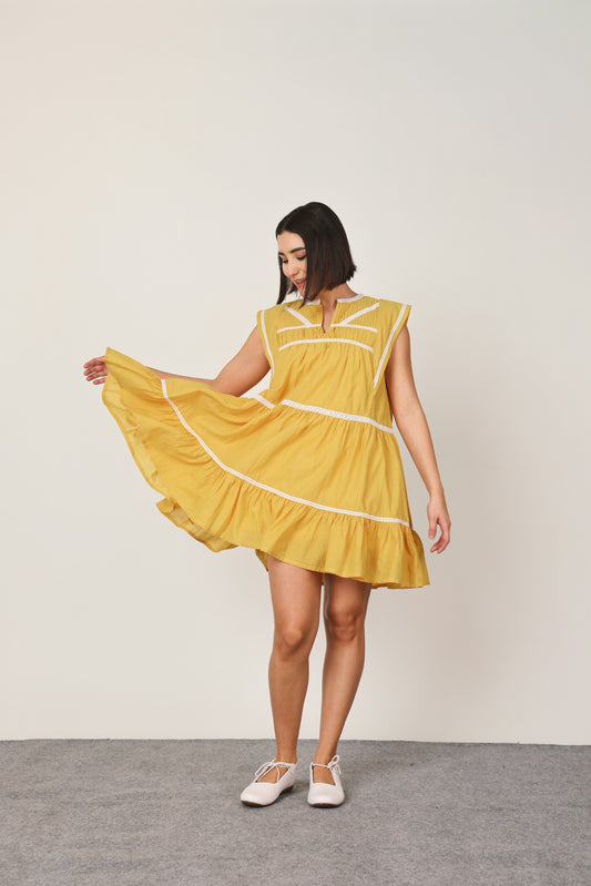 Yellow Solid Tiered Short Dress