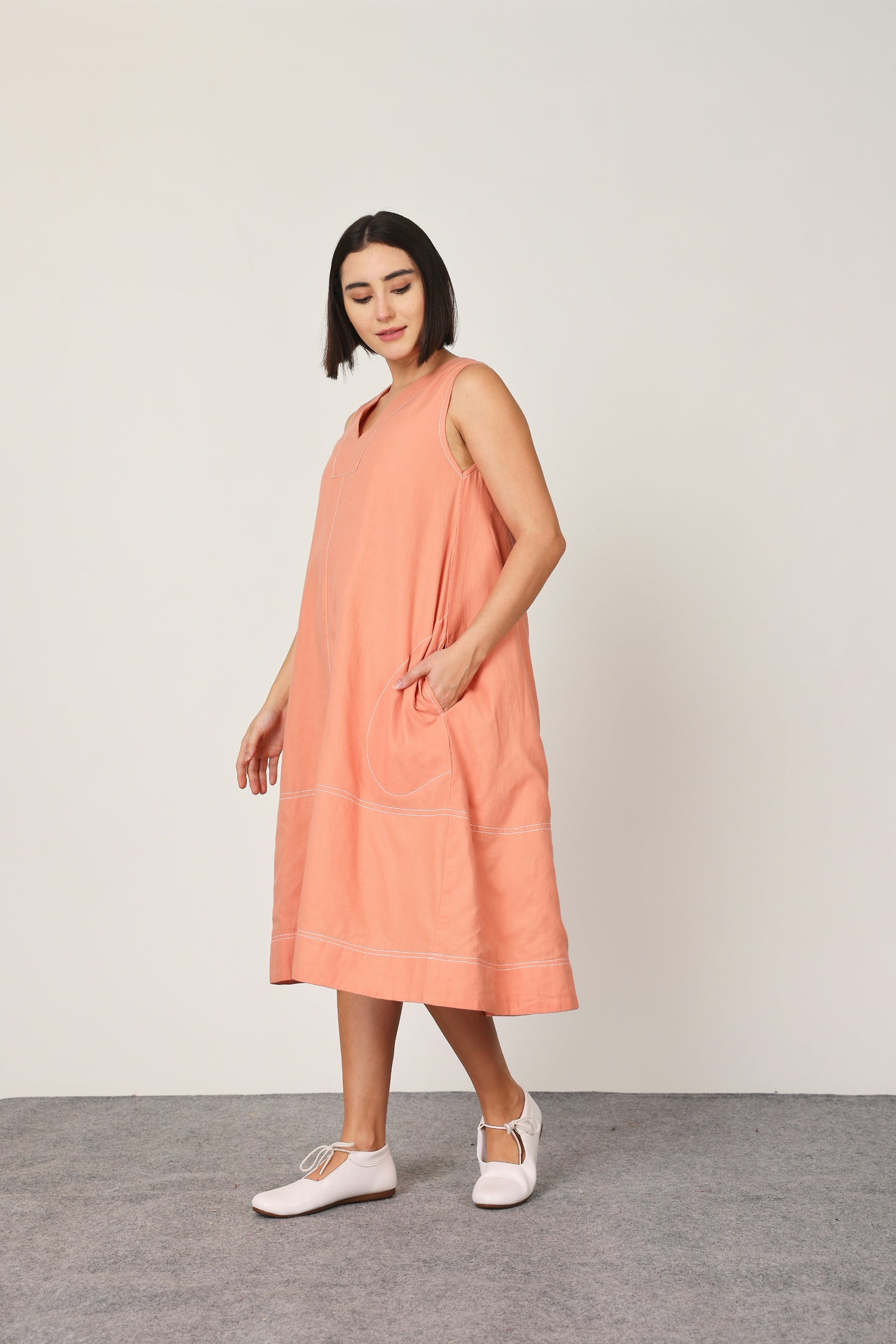 Peach V Neck Pocket Dress