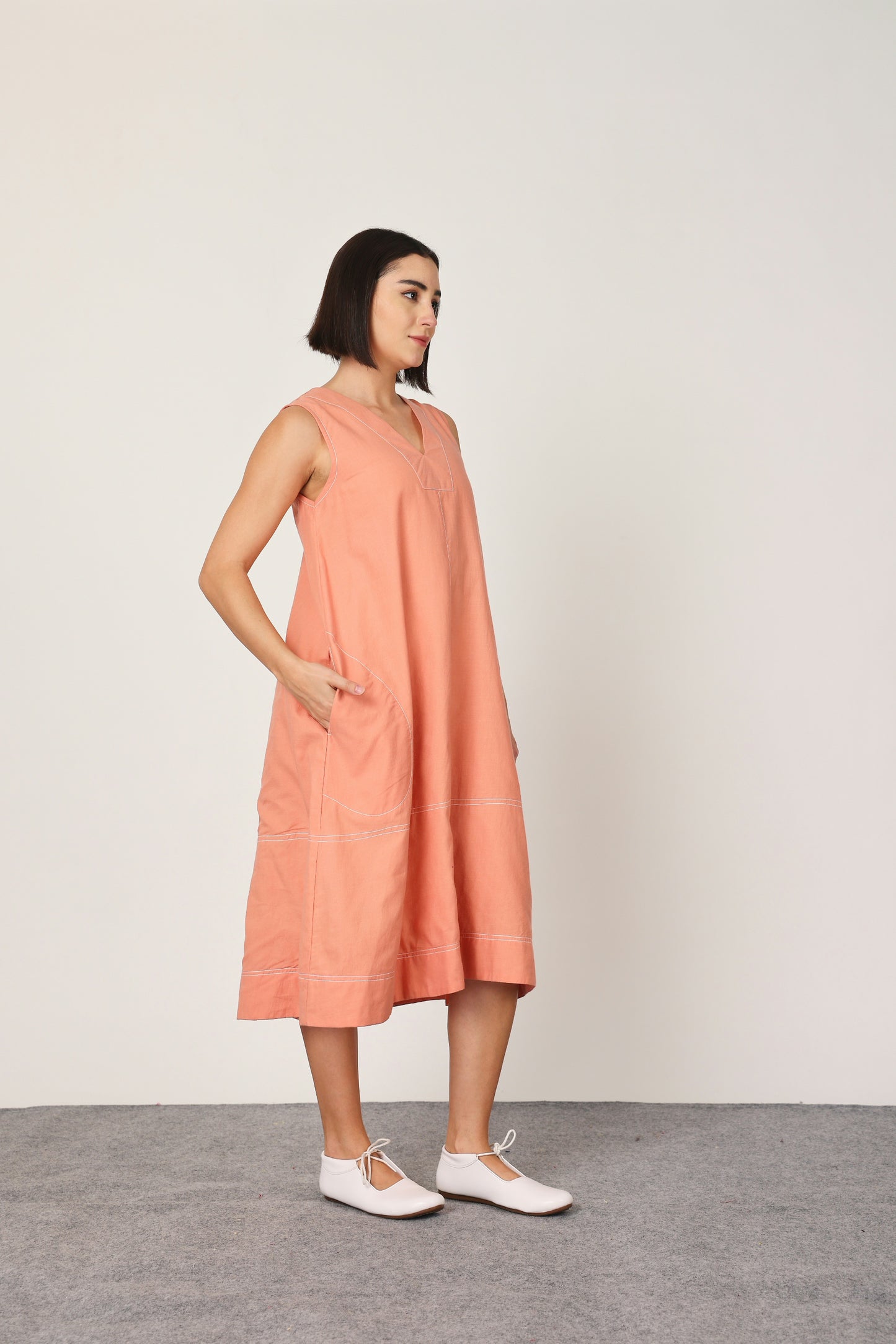 Peach V Neck Pocket Dress