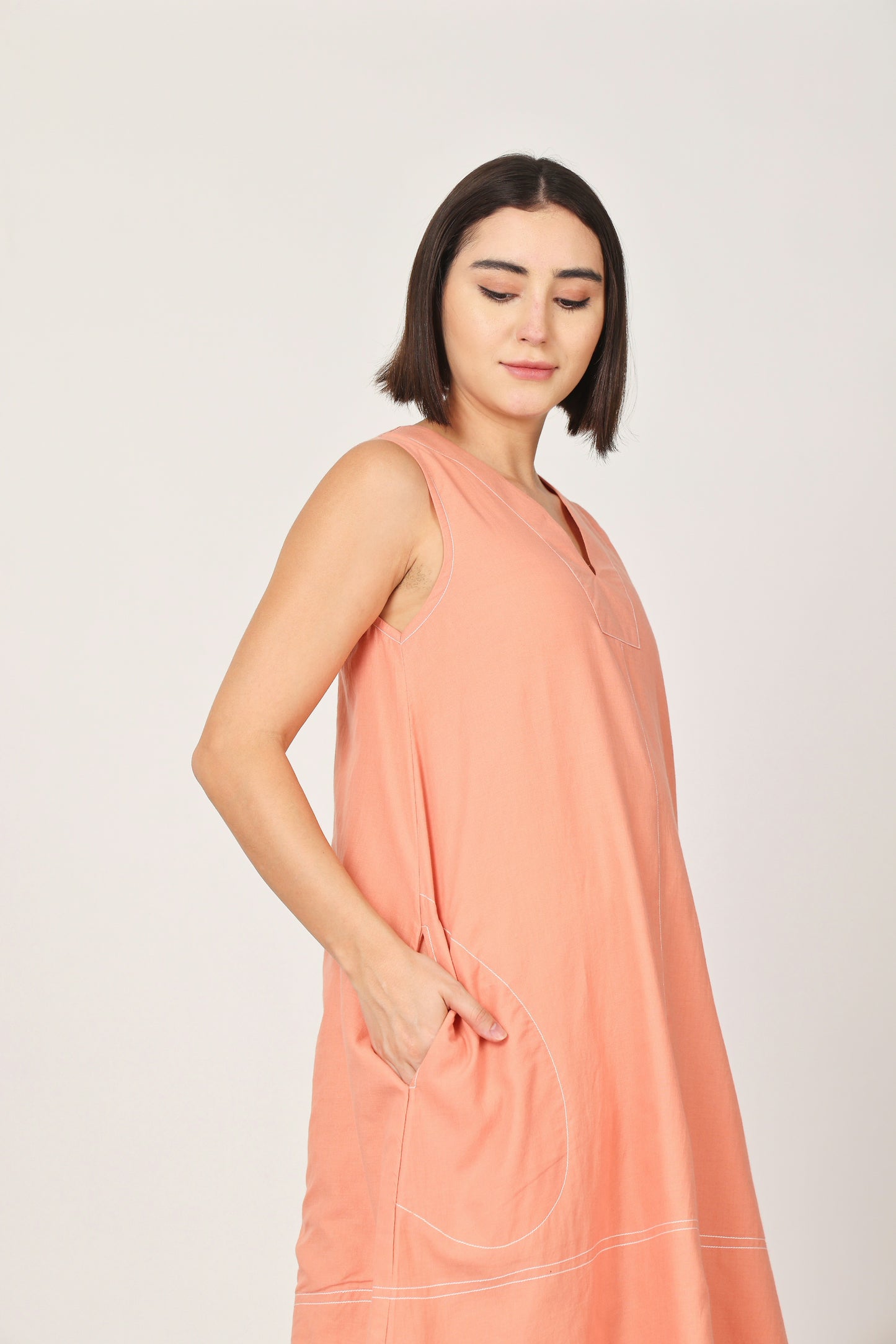Peach V Neck Pocket Dress
