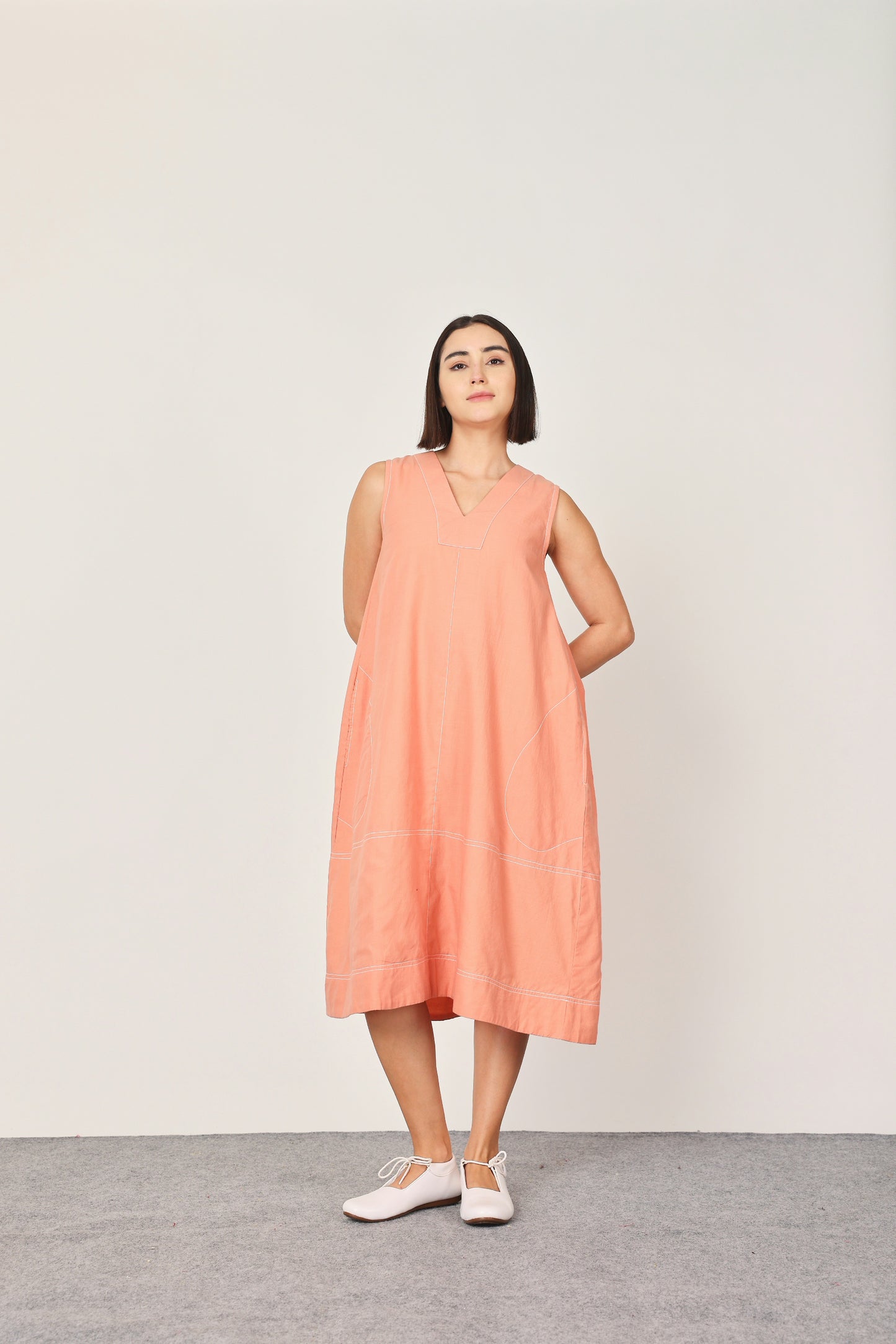Peach V Neck Pocket Dress