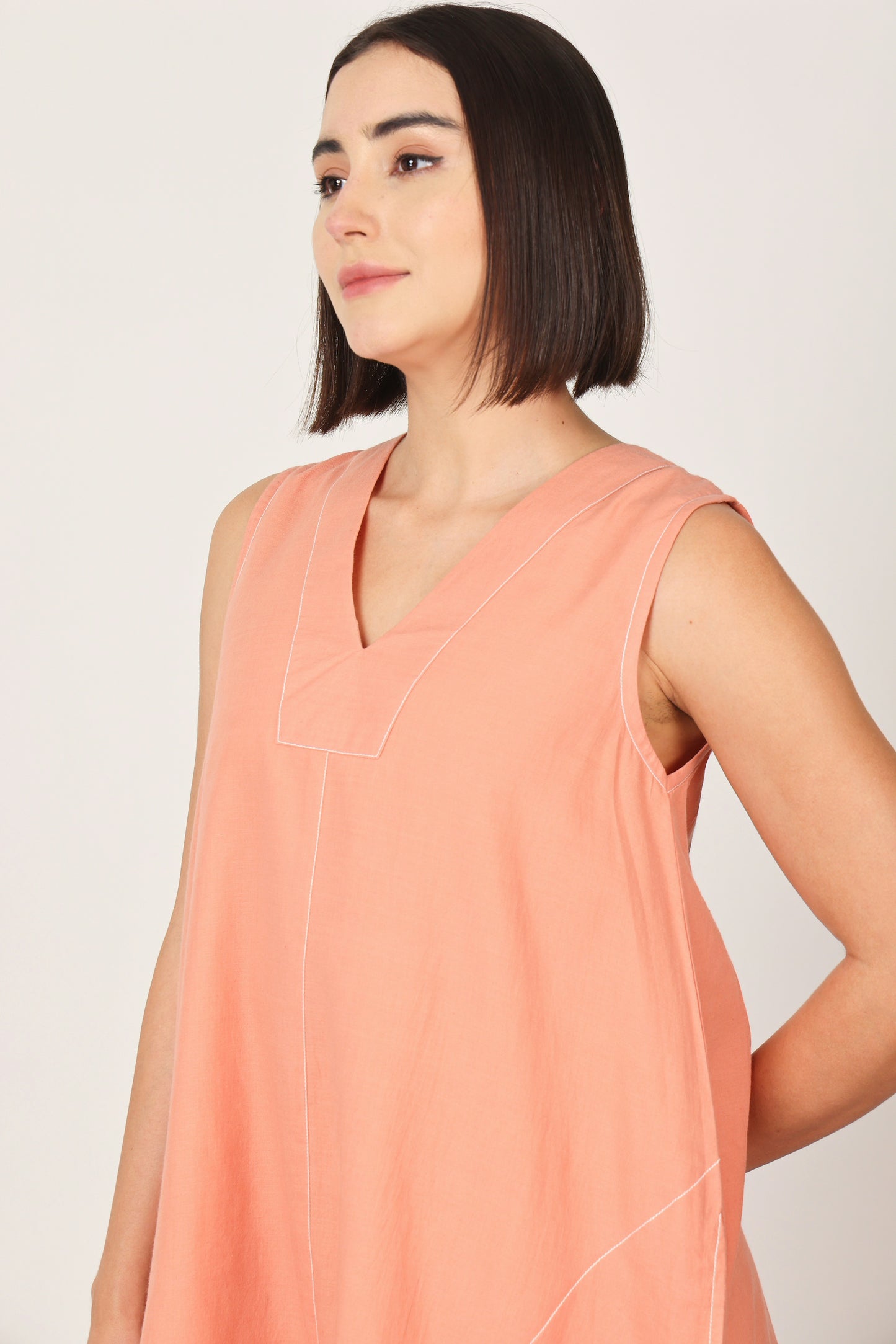 Peach V Neck Pocket Dress