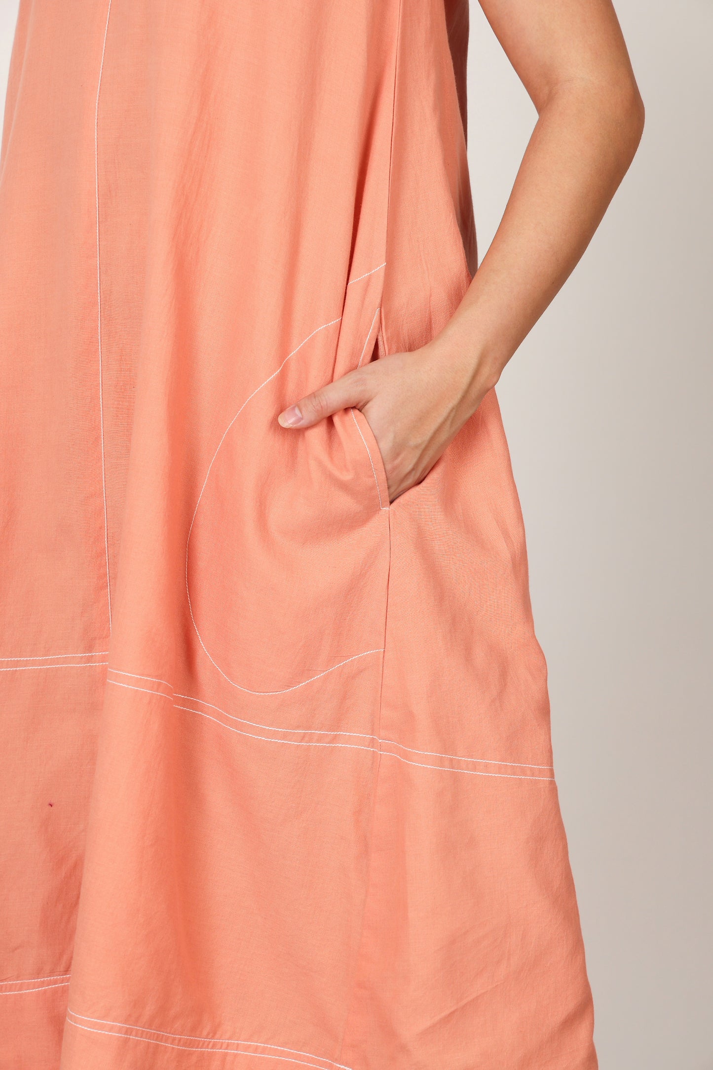 Peach V Neck Pocket Dress