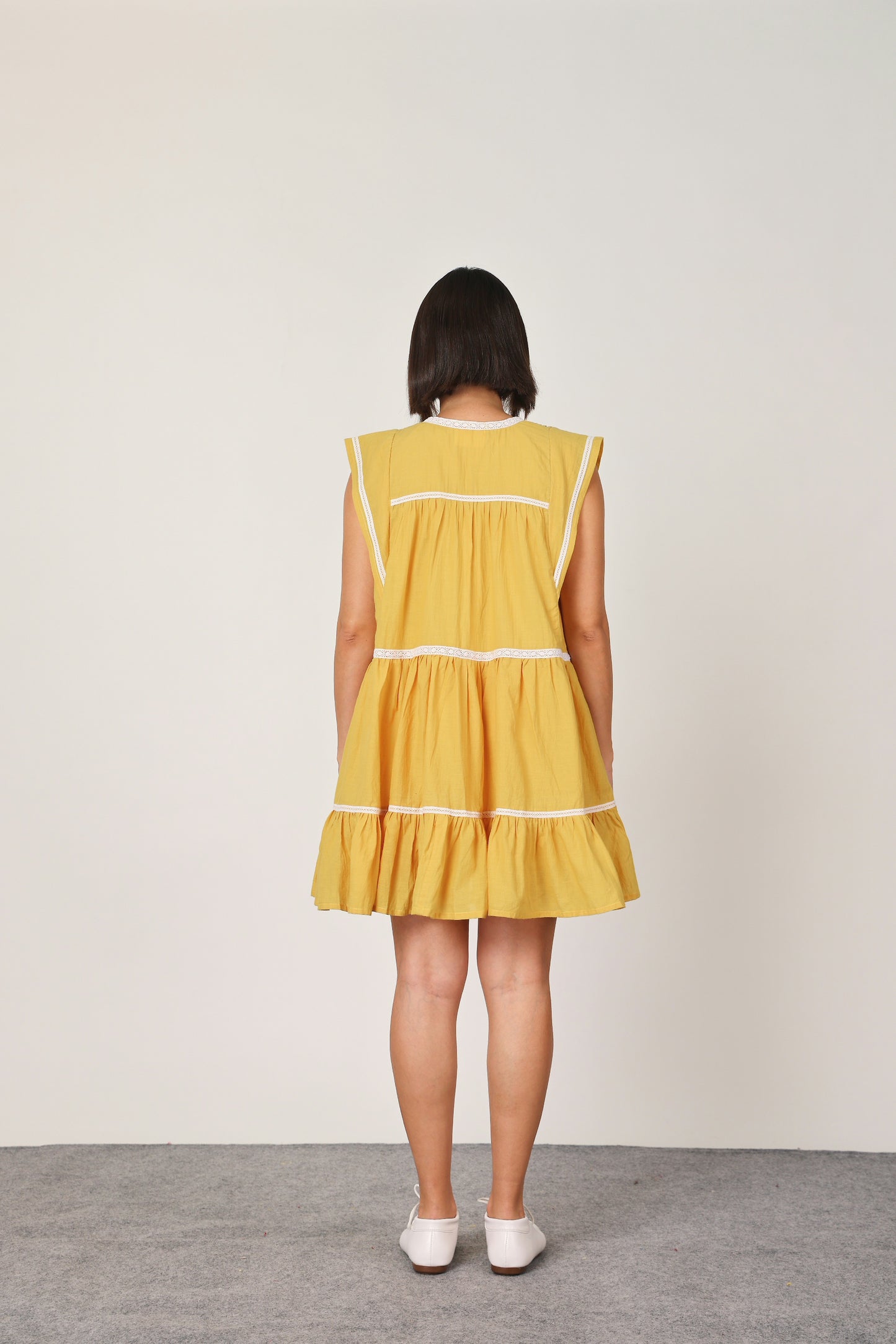 Yellow Solid Tiered Short Dress