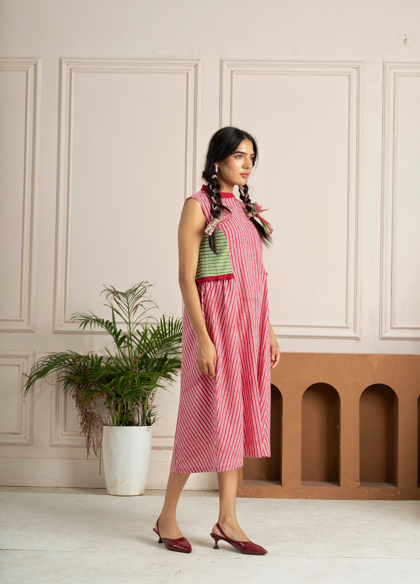 Hand Block-printed Pink & Green Stripes Panelled Dress