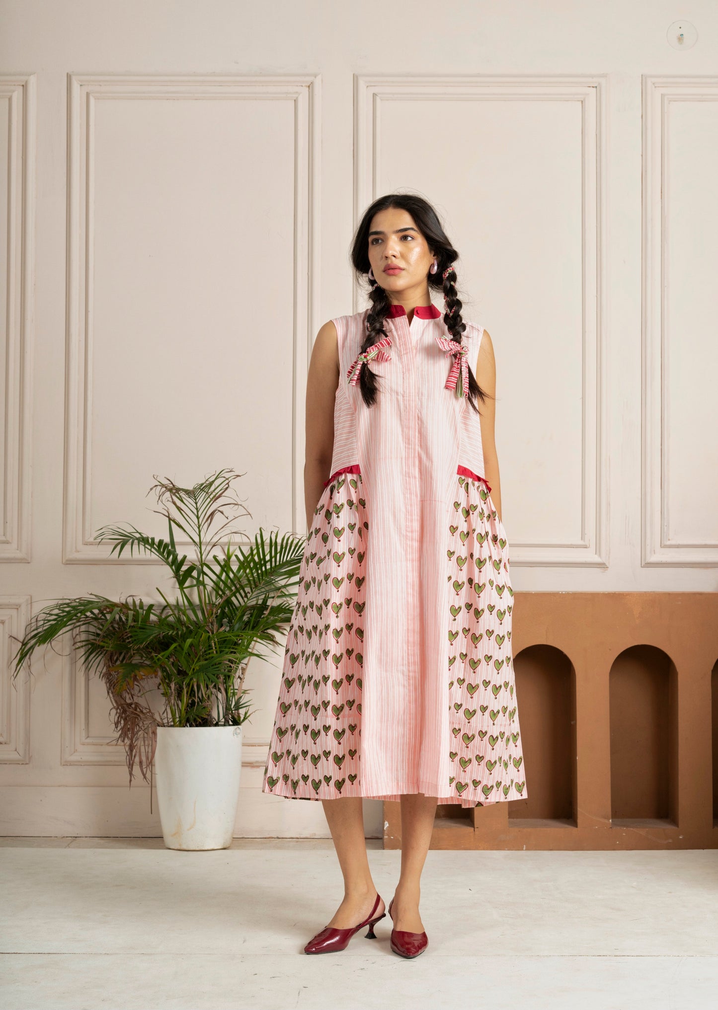 Pink Heart Panelled Hand Block Printed Dress