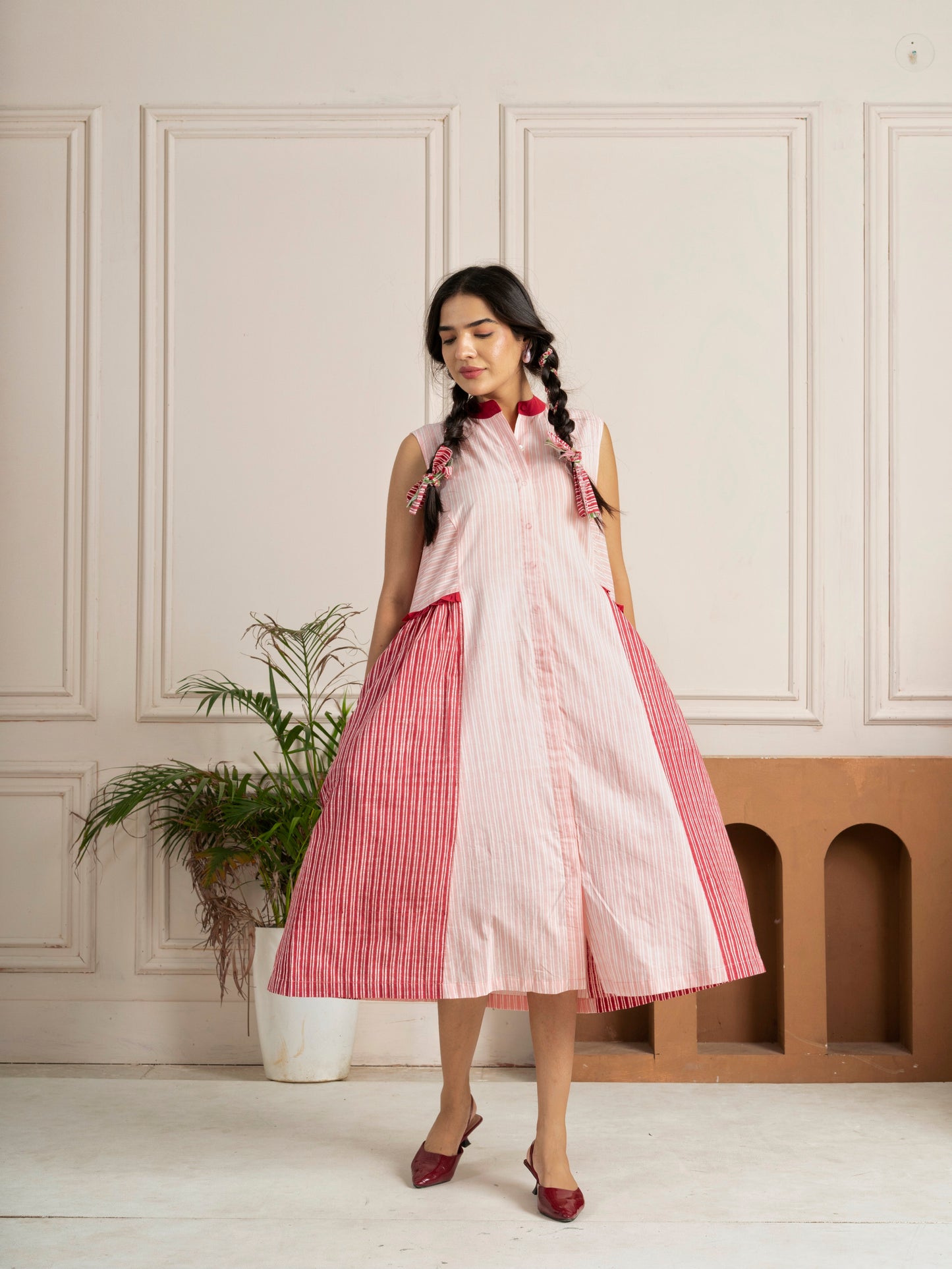 Pink Striped Panelled Hand Block Printed Dress