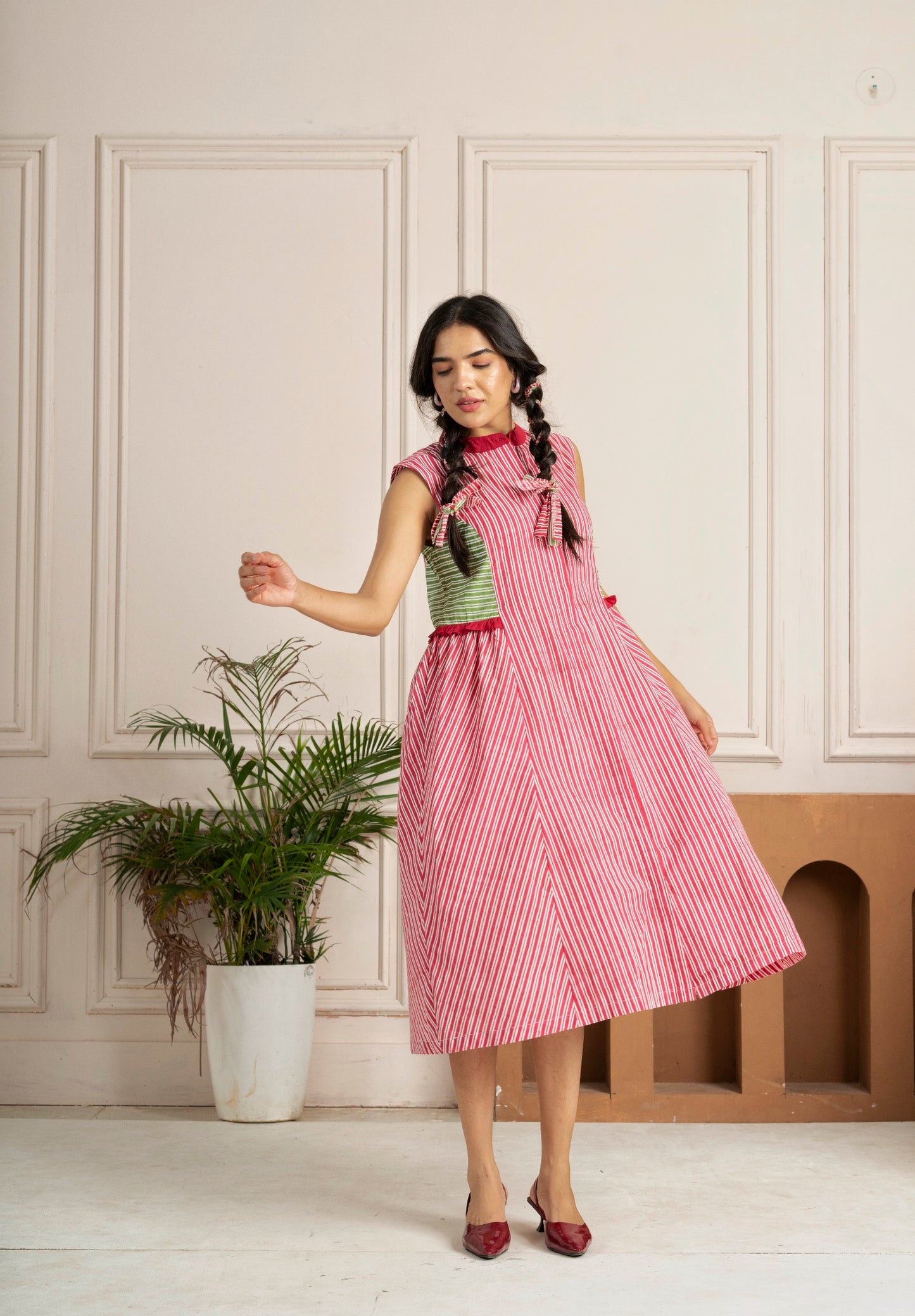 Hand Block-printed Pink & Green Stripes Panelled Dress