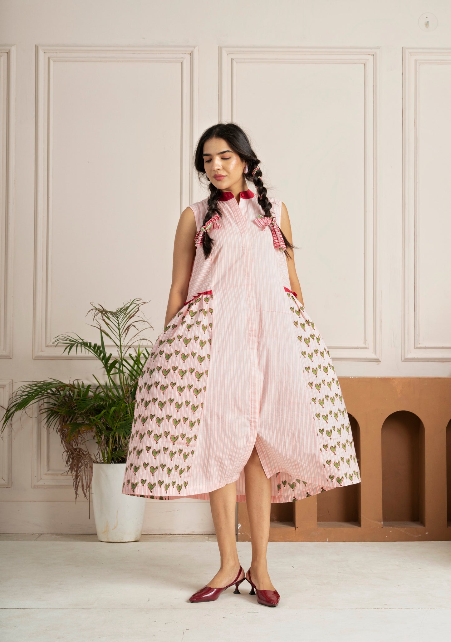 Pink Heart Panelled Hand Block Printed Dress
