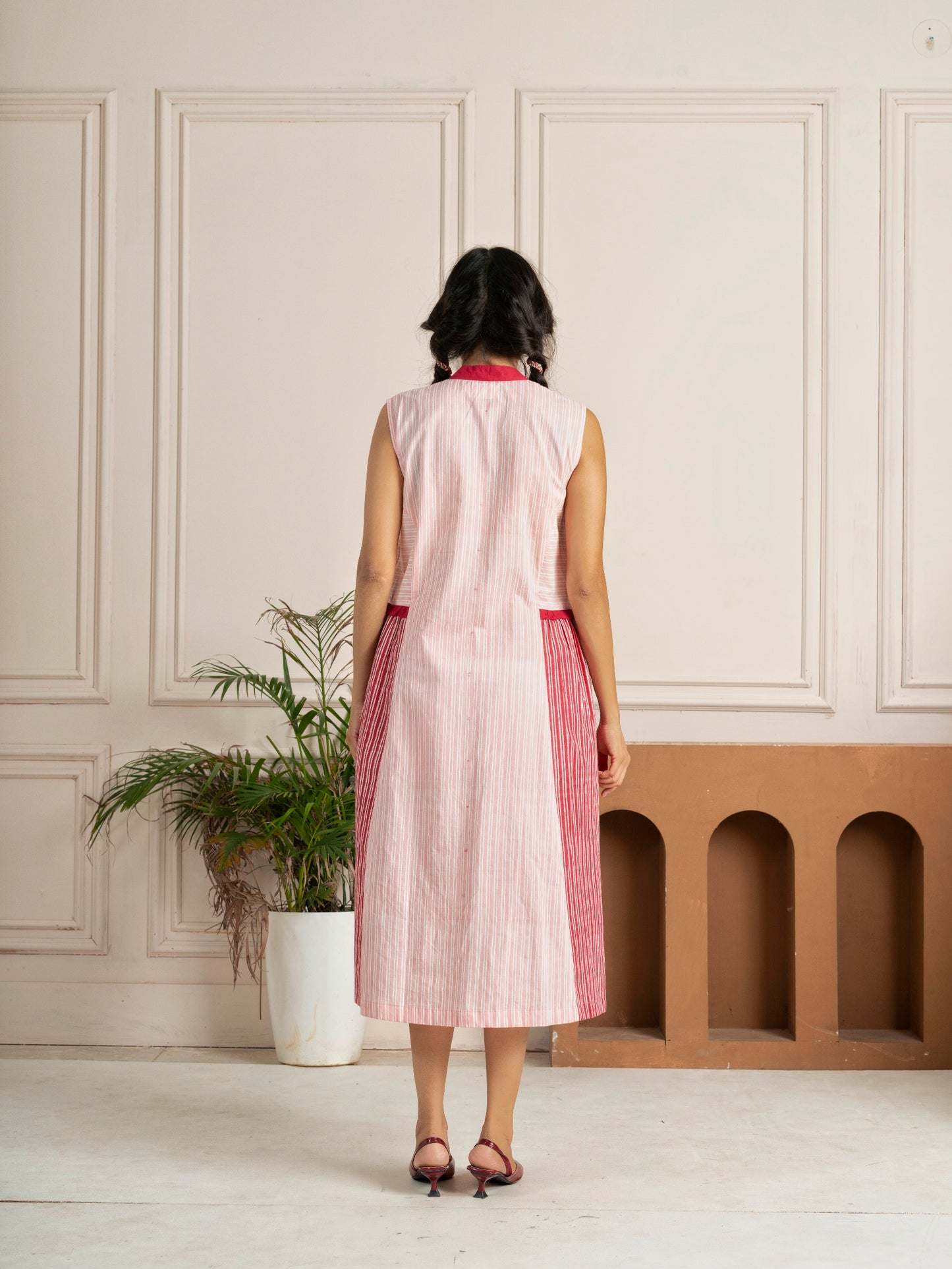 Pink Striped Panelled Hand Block Printed Dress