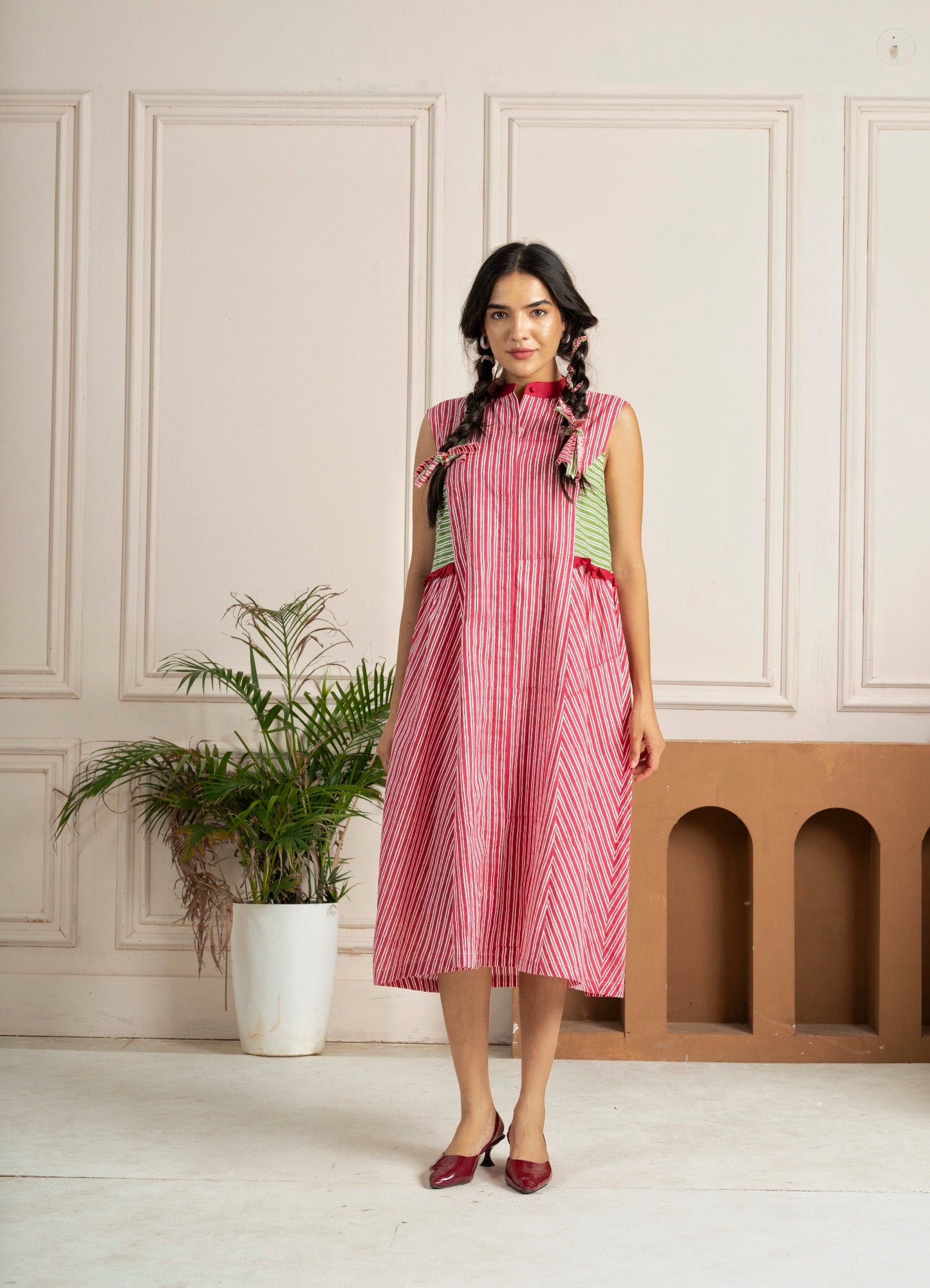 Hand Block-printed Pink & Green Stripes Panelled Dress
