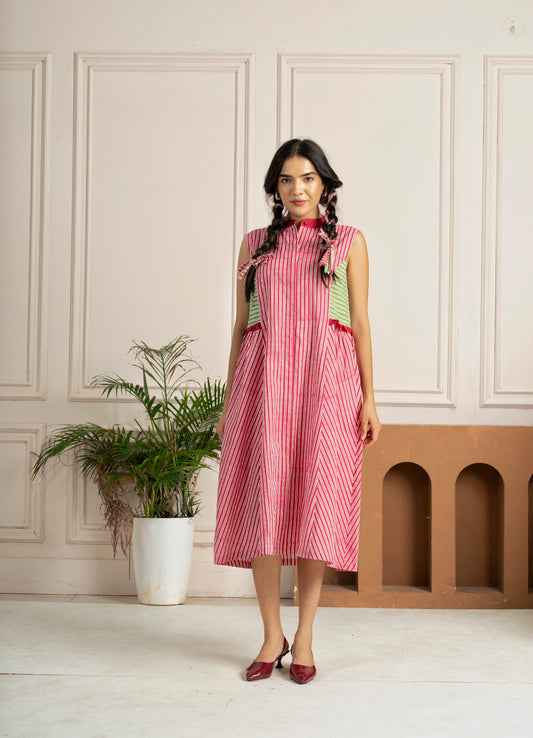 Hand Block-printed Pink & Green Stripes Panelled Dress